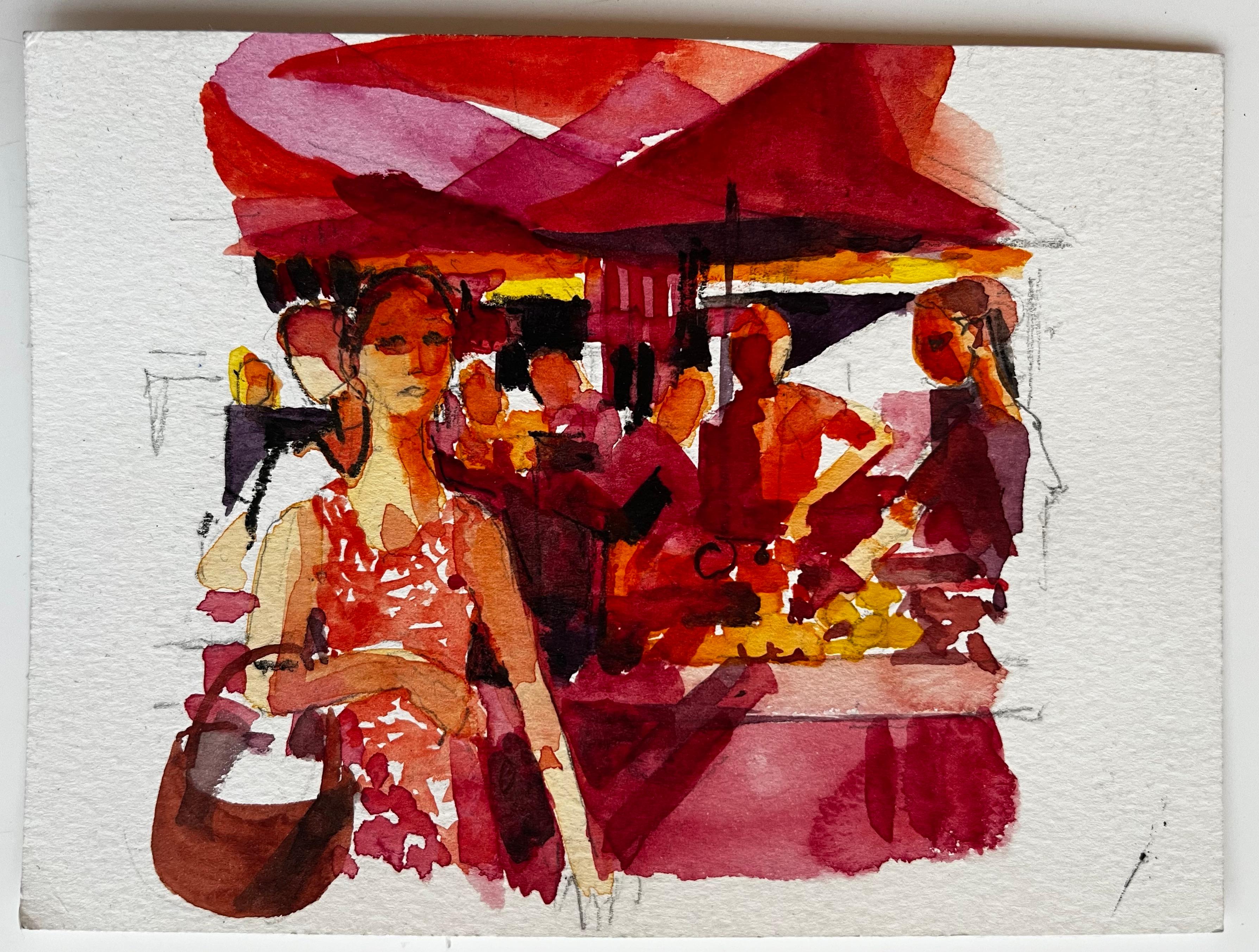 Scena di mercato francese con donna in abito rosso Vibrante acquerello figurativo di strada - Painting di Pierre Neveu