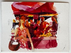 Escena de mercado francés con mujer vestida de rojo Vibrante acuarela figurativa callejera