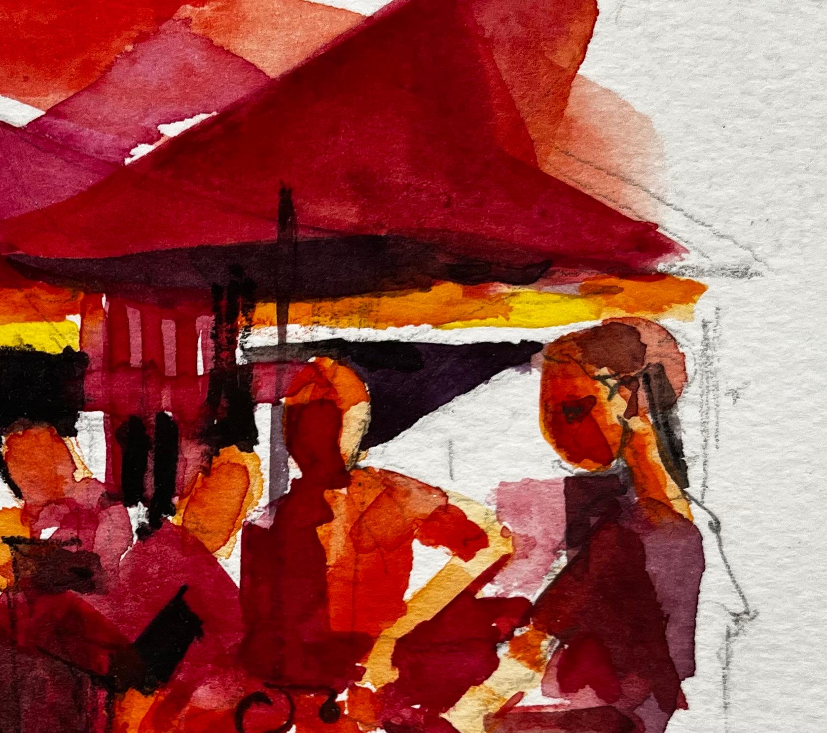 Scena di mercato francese con donna in abito rosso Vibrante acquerello figurativo di strada - Landscape Painting Rosso di Pierre Neveu