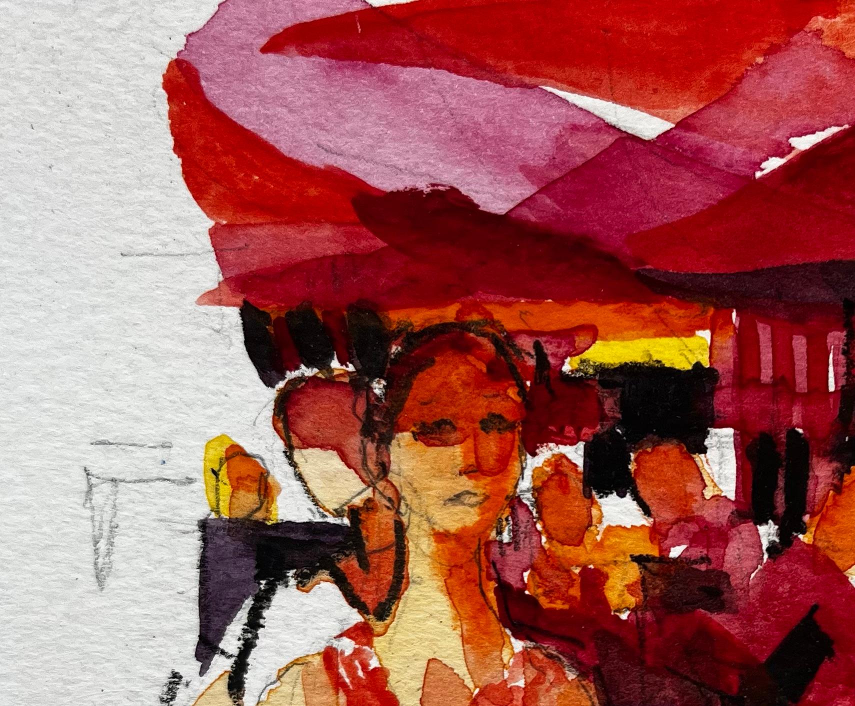 Scena di mercato francese con donna in abito rosso Vibrante acquerello figurativo di strada - Painting Postimpressionismo di Pierre Neveu