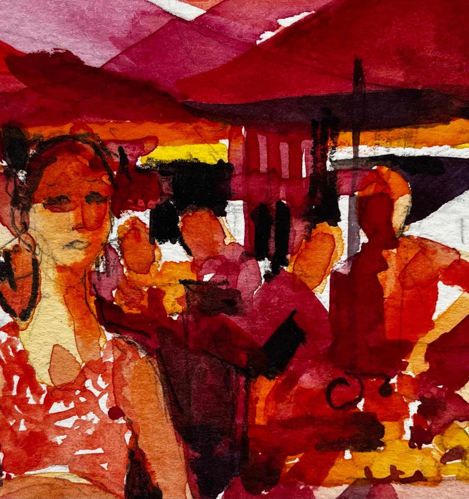 Scena di mercato francese con donna in abito rosso Vibrante acquerello figurativo di strada in vendita 2