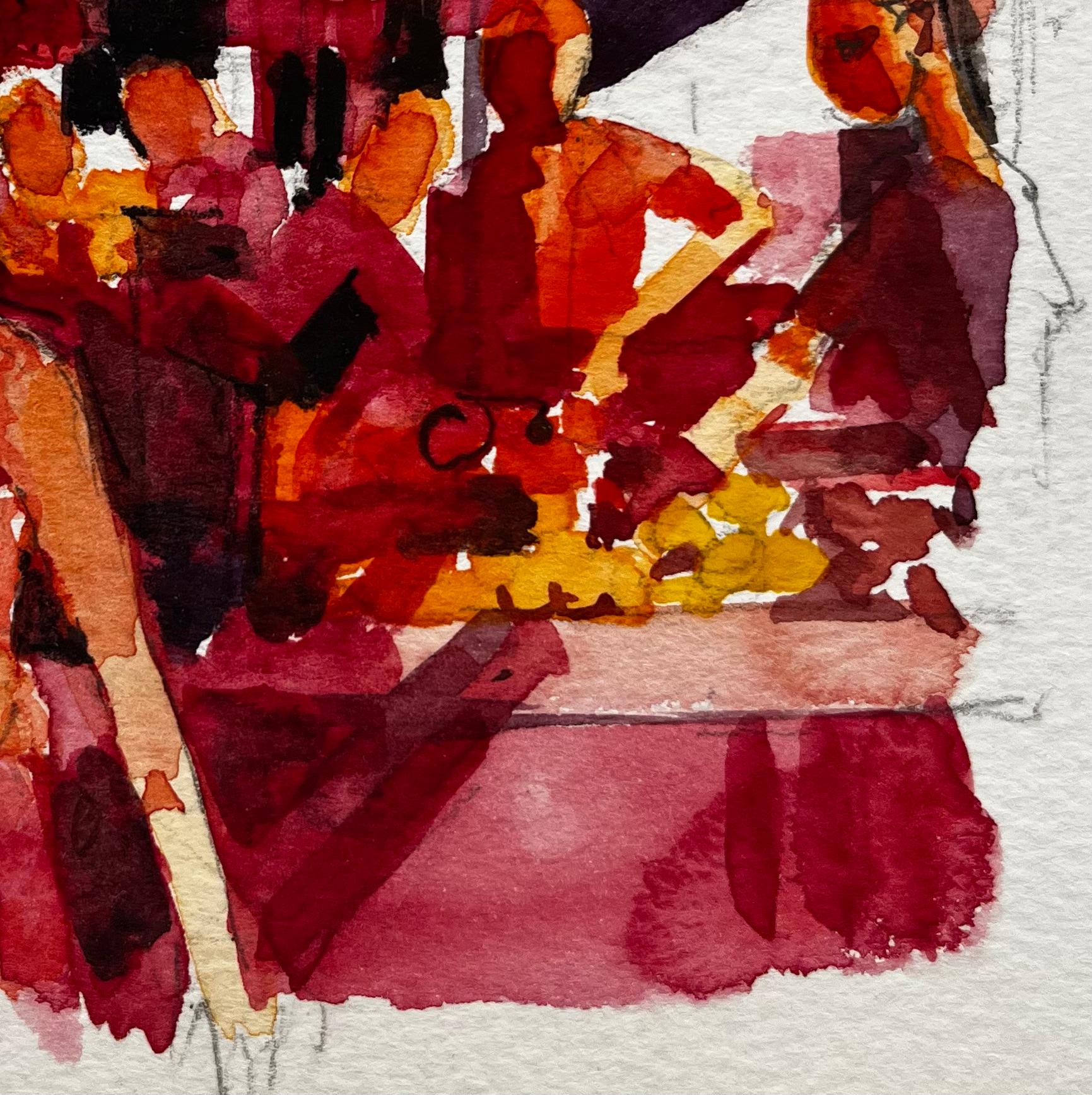 Titolo: Scena di mercato francese con donna in abito rosso Vibrante acquerello figurativo di strada
Artista: Pierre Neveu (francese, nato nel 1929)
Medium: Acquerello su carta d'artista, senza cornice
Dimensioni (H. x L): 4,5 x 6,25 pollici
Condit: