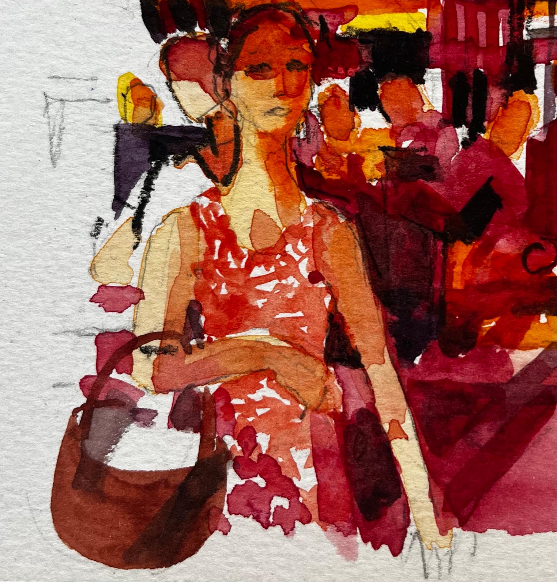 Scena di mercato francese con donna in abito rosso Vibrante acquerello figurativo di strada in vendita 1