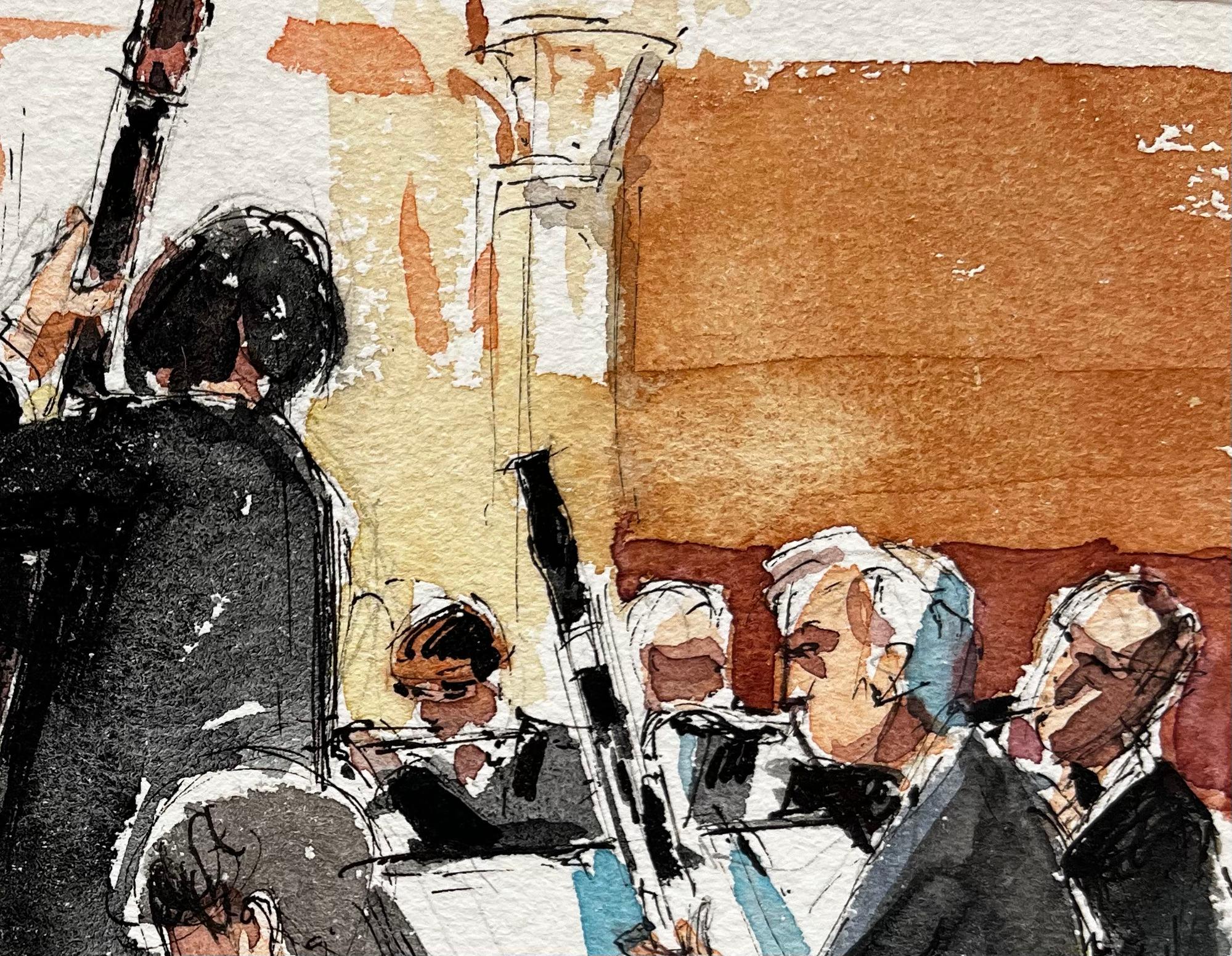 Répétition de l'orchestre avec le chef et les musiciens Ensemble de musique classique - Noir Landscape Painting par Pierre Neveu