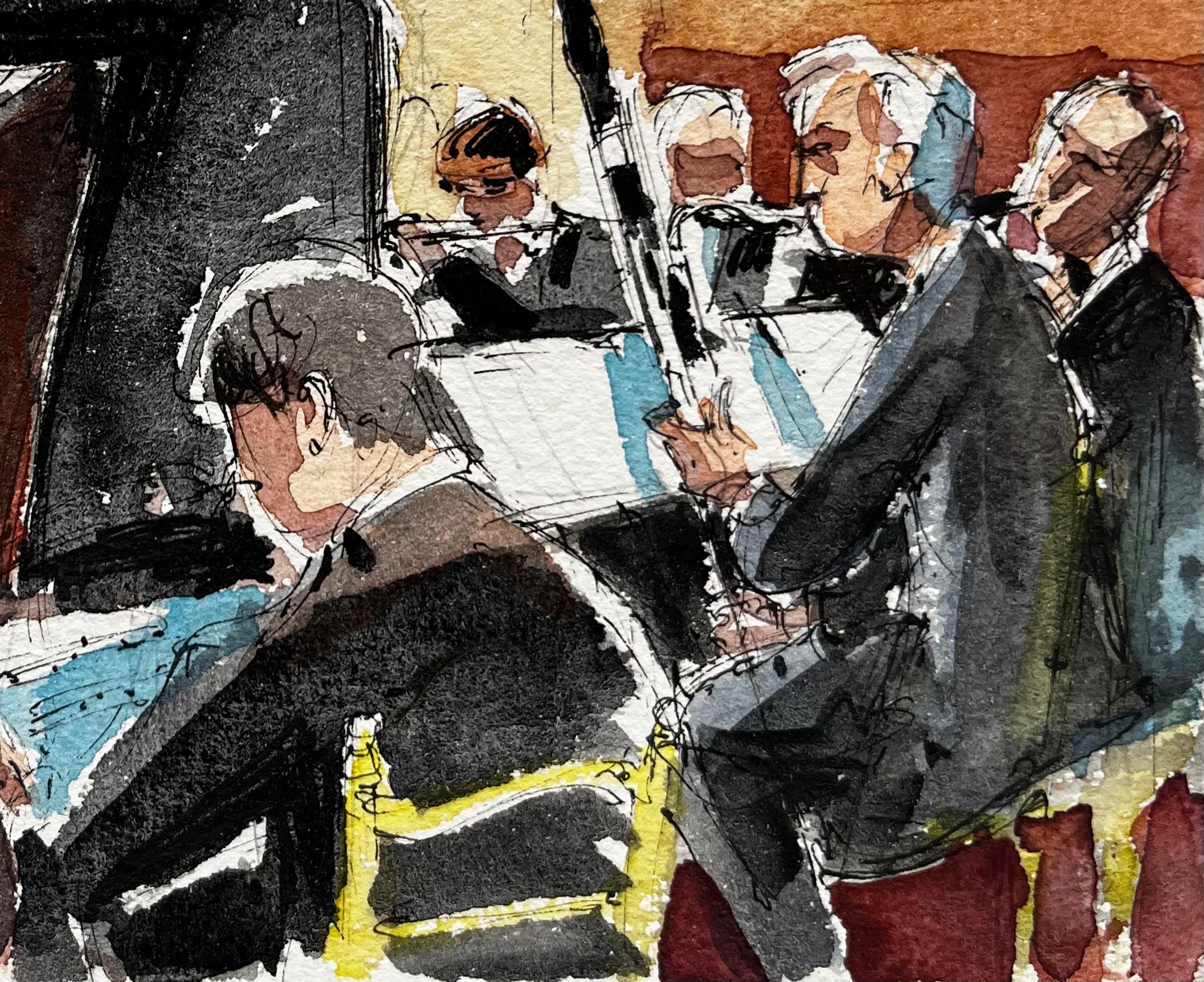 Titre : Répétition de l'orchestre avec le chef d'orchestre et les musiciens Ensemble de musique classique
Artistics : Pierre Neveu (français né en 1929)
Moyen d'expression : Aquarelle sur papier d'artiste, non encadrée
Taille (H x L) : 5.25 x 7.5