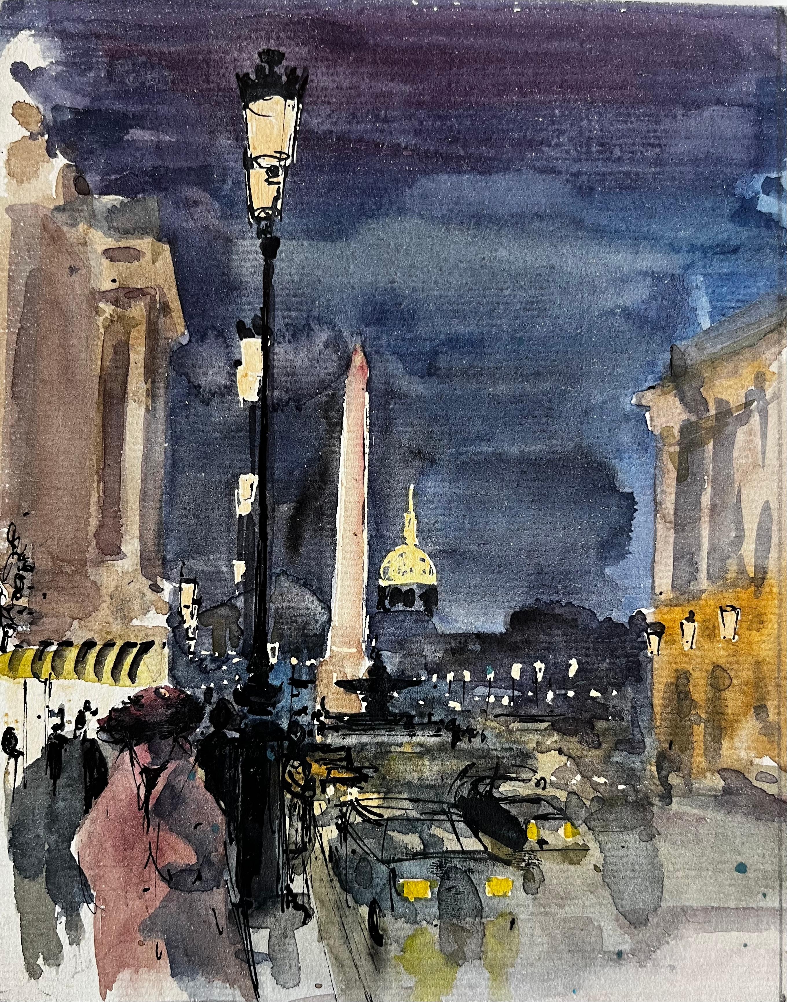 Parigi Place de la Concorde Scena notturna di strada con Obelisco e Cupola Acquerello