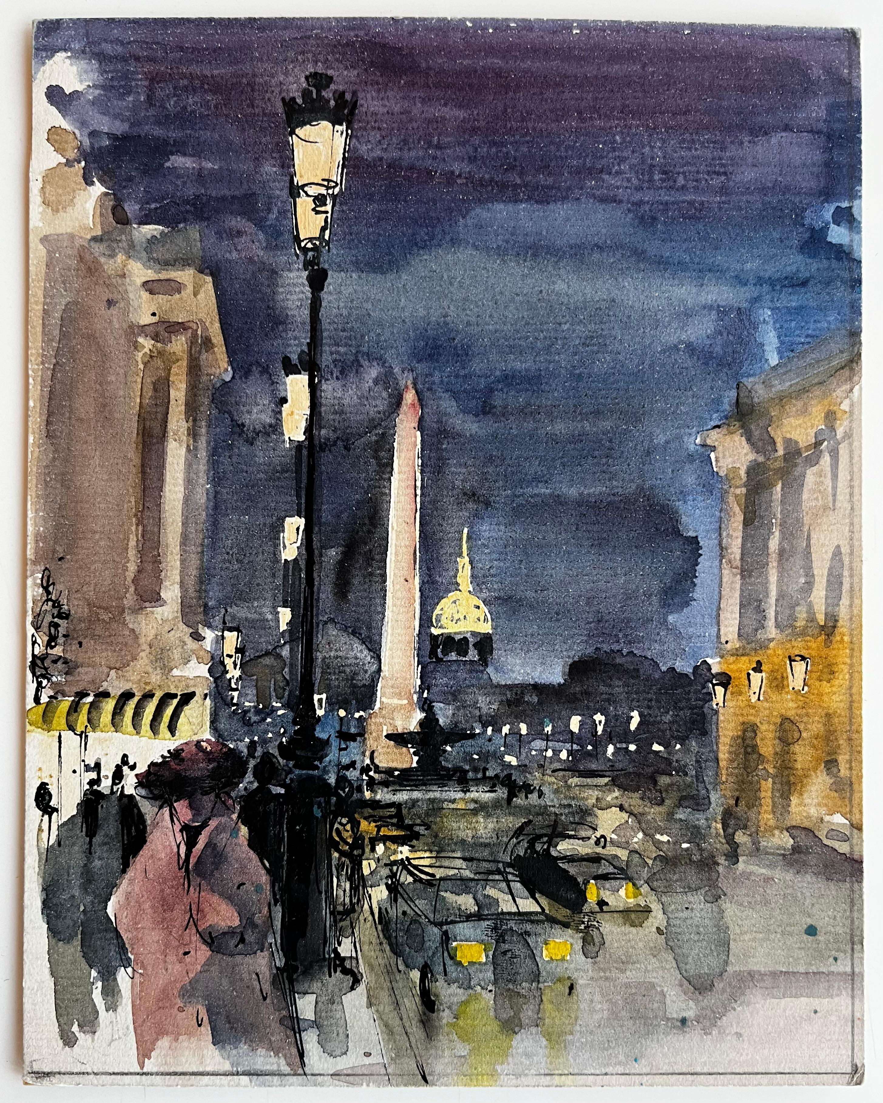 Parigi Place de la Concorde Scena notturna di strada con Obelisco e Cupola Acquerello - Art di Pierre Neveu