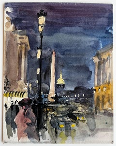 Paris Place de la Concorde Night Street Scene with Obelisk and Dome Watercolor