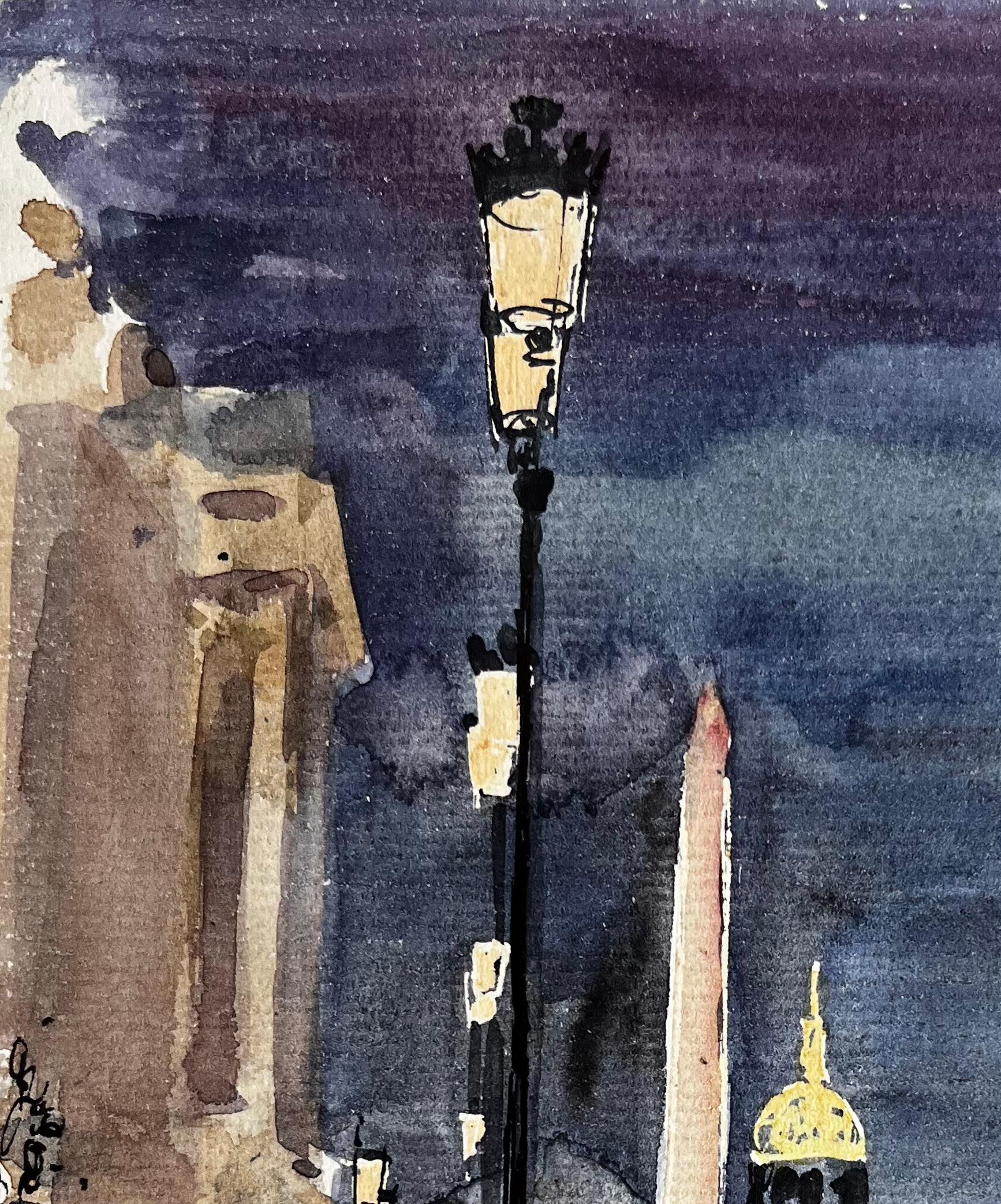 Parigi Place de la Concorde Scena notturna di strada con Obelisco e Cupola Acquerello - Art Postimpressionismo di Pierre Neveu