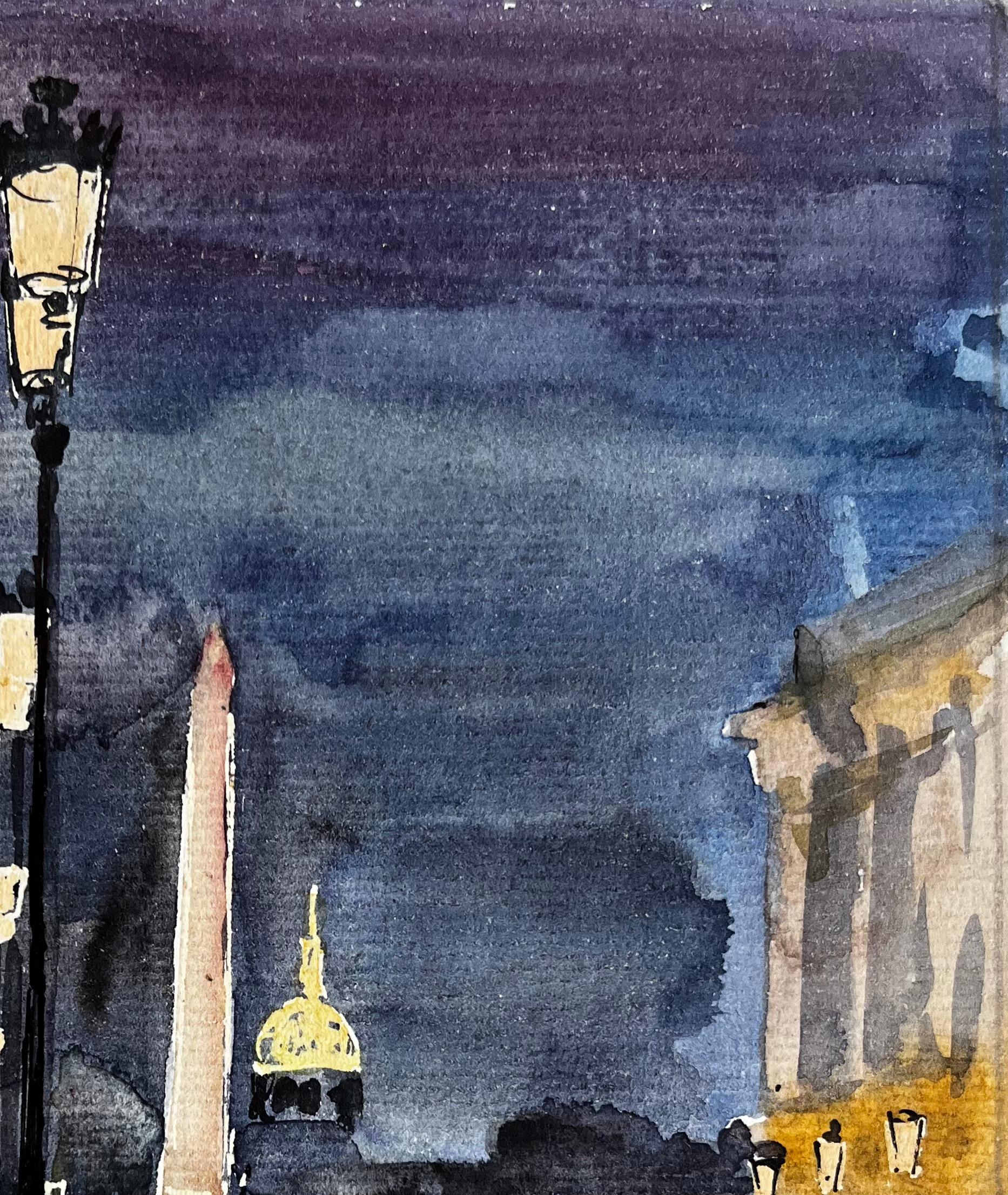 Parigi Place de la Concorde Scena notturna di strada con Obelisco e Cupola Acquerello in vendita 1