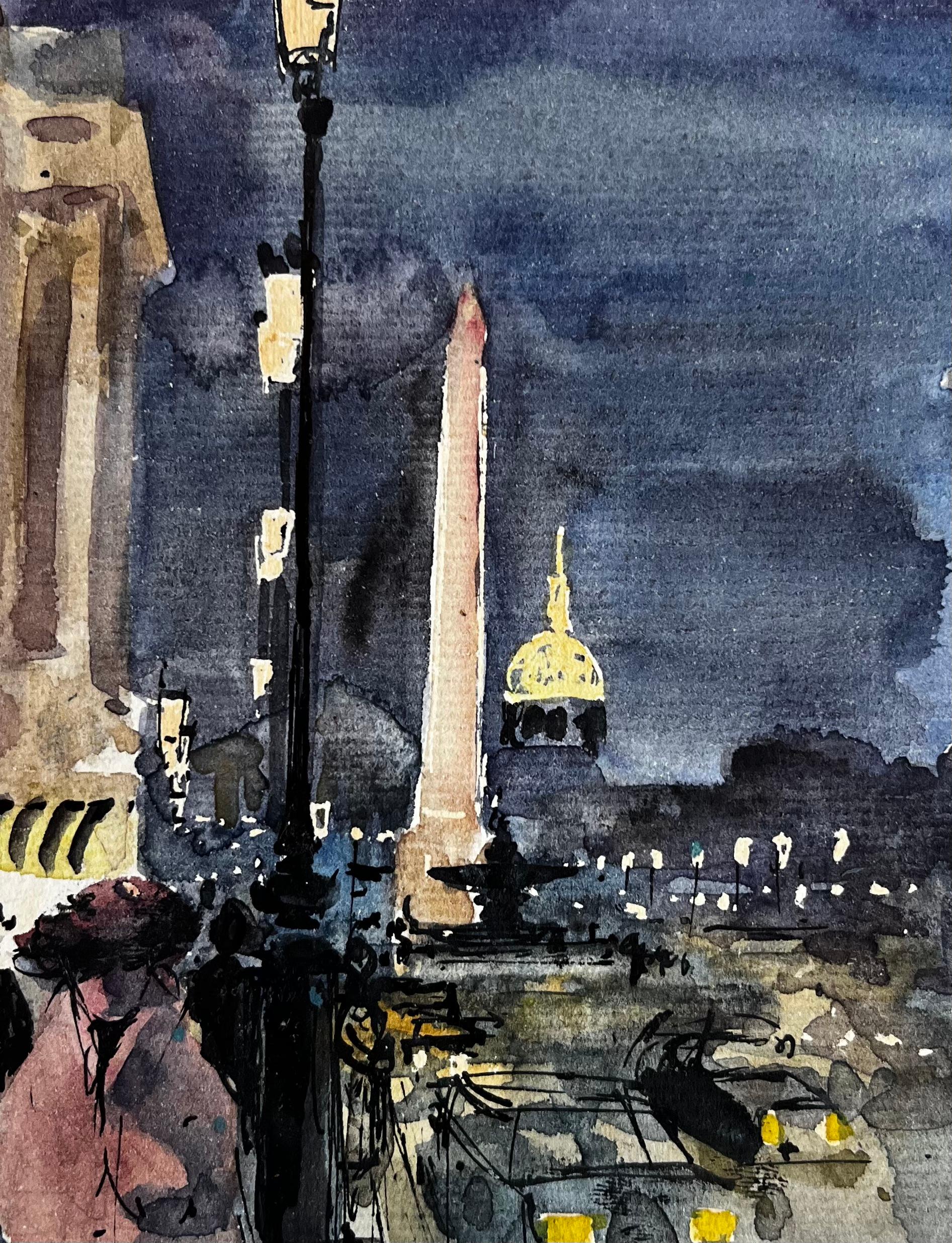 Parigi Place de la Concorde Scena notturna di strada con Obelisco e Cupola Acquerello in vendita 2