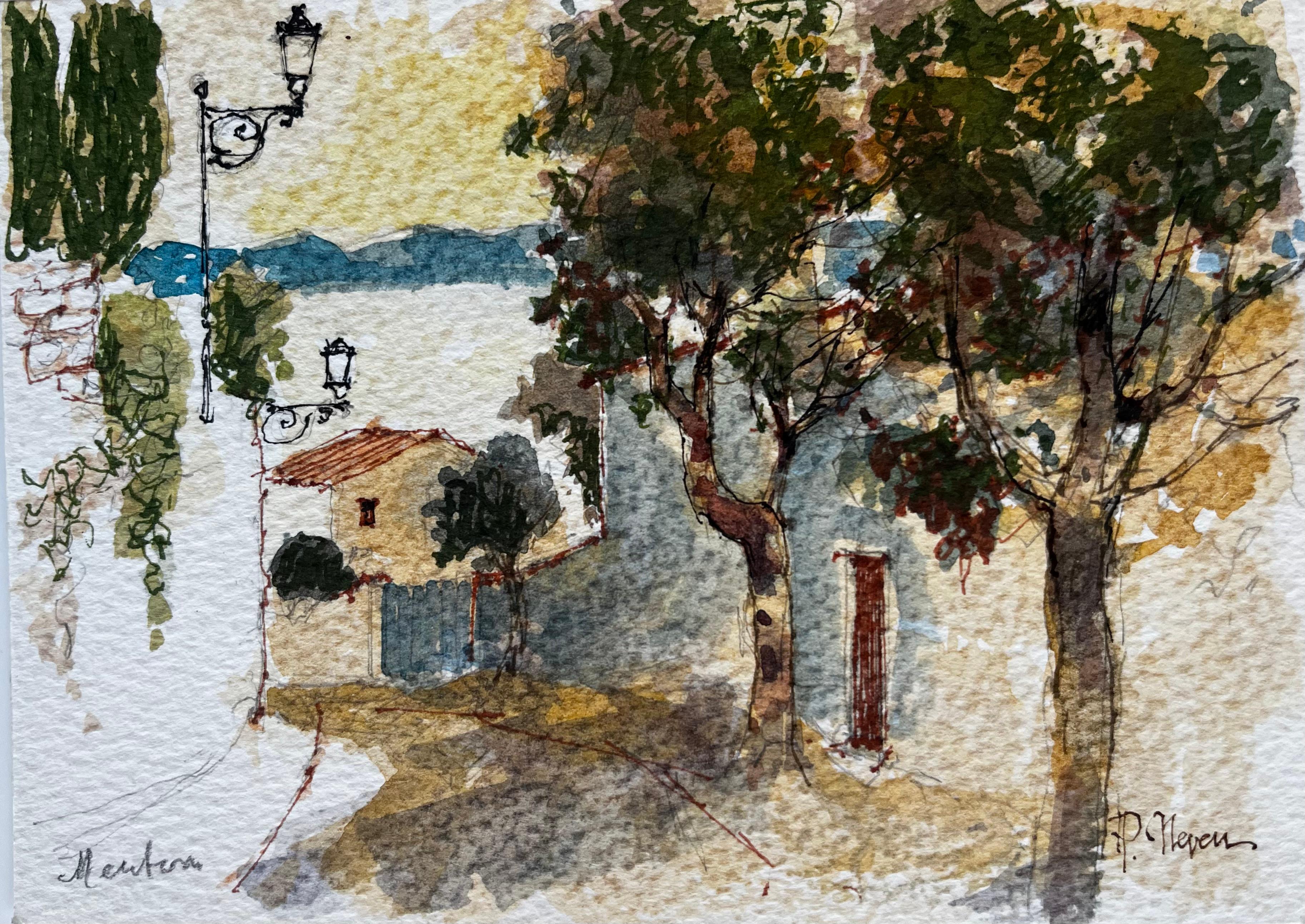 Mentone, strada illuminata dal sole con alberi e colline lontane, acquerello