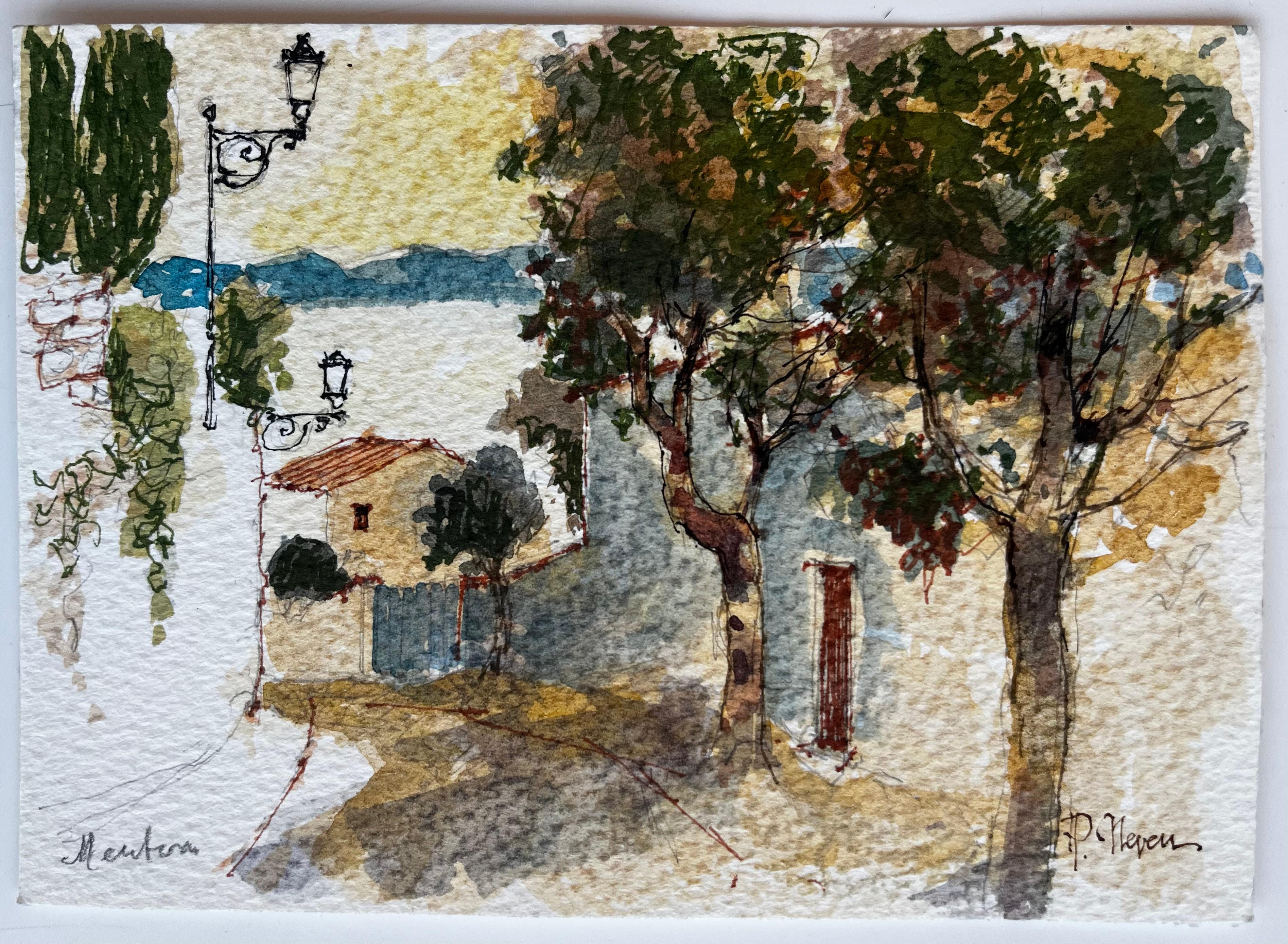 Mentone, strada illuminata dal sole con alberi e colline lontane, acquerello - Art di Pierre Neveu