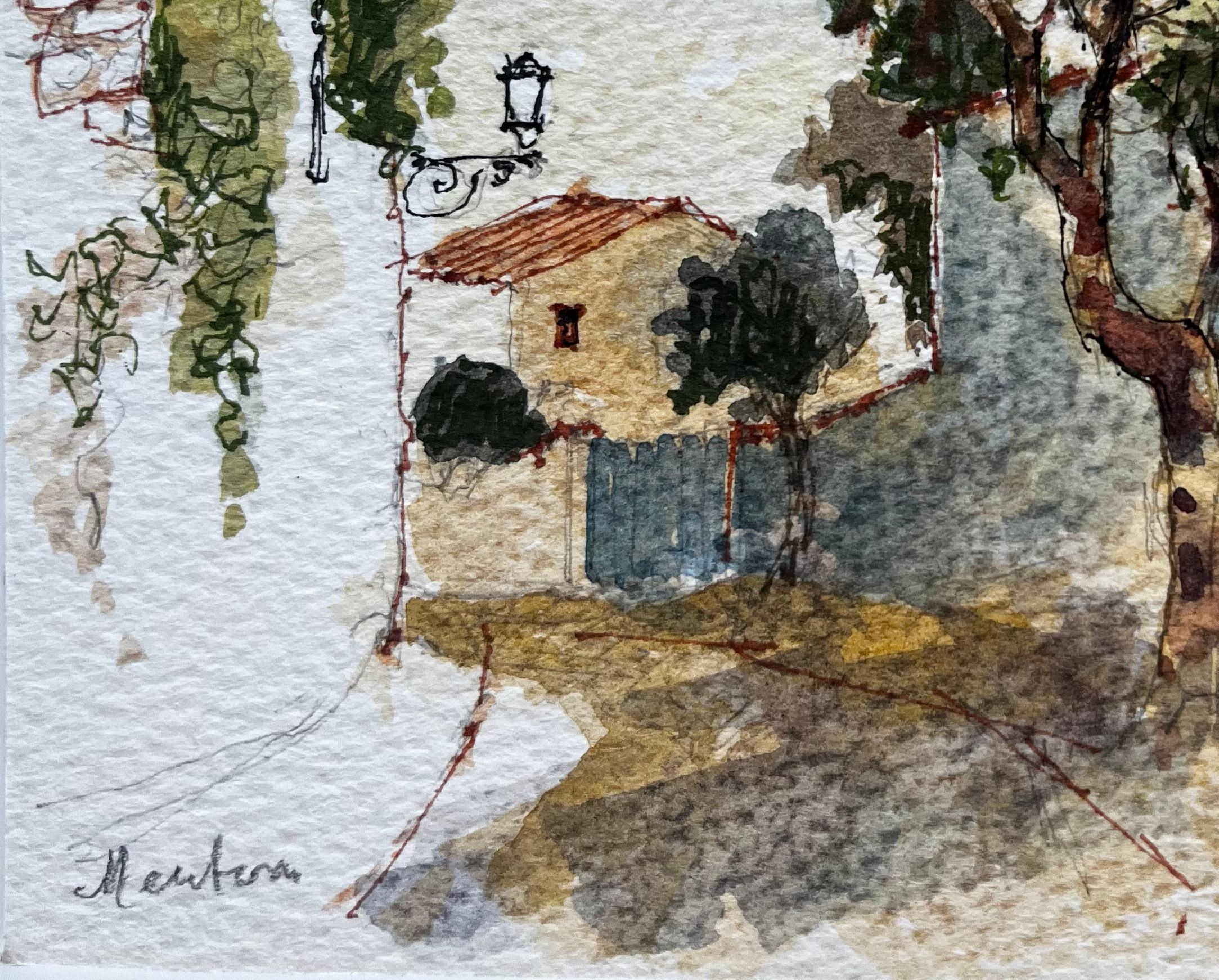 Mentone, strada illuminata dal sole con alberi e colline lontane, acquerello - Art Postimpressionismo di Pierre Neveu