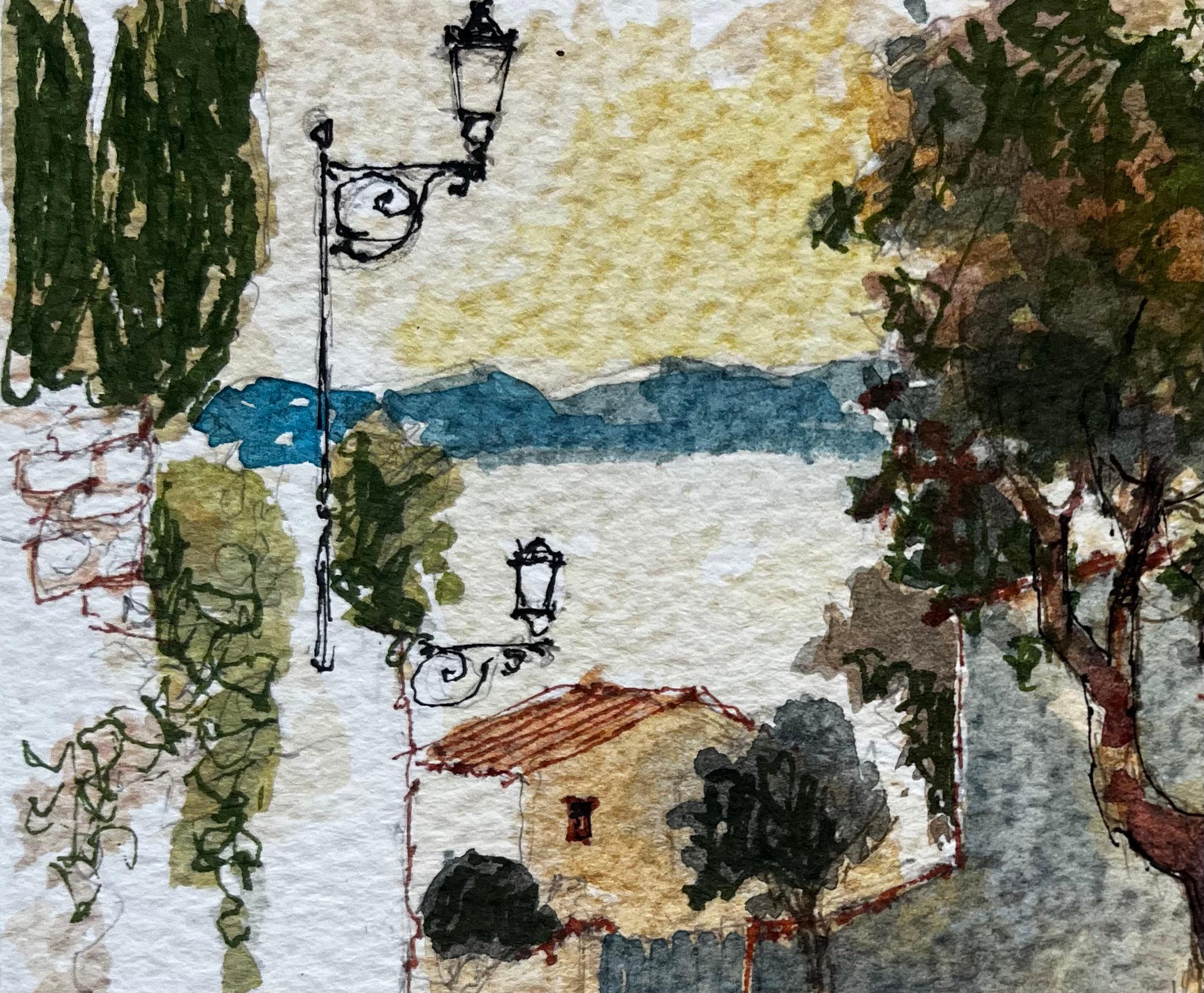 Mentone, strada illuminata dal sole con alberi e colline lontane, acquerello - Landscape Art Marrone di Pierre Neveu