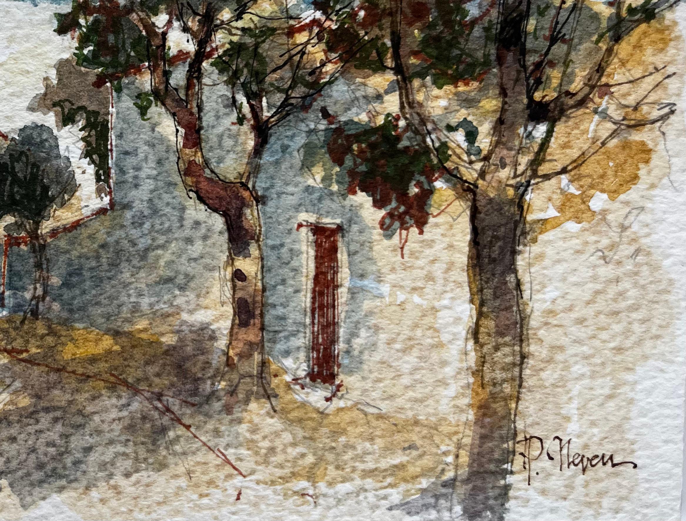 Mentone, strada illuminata dal sole con alberi e colline lontane, acquerello in vendita 1