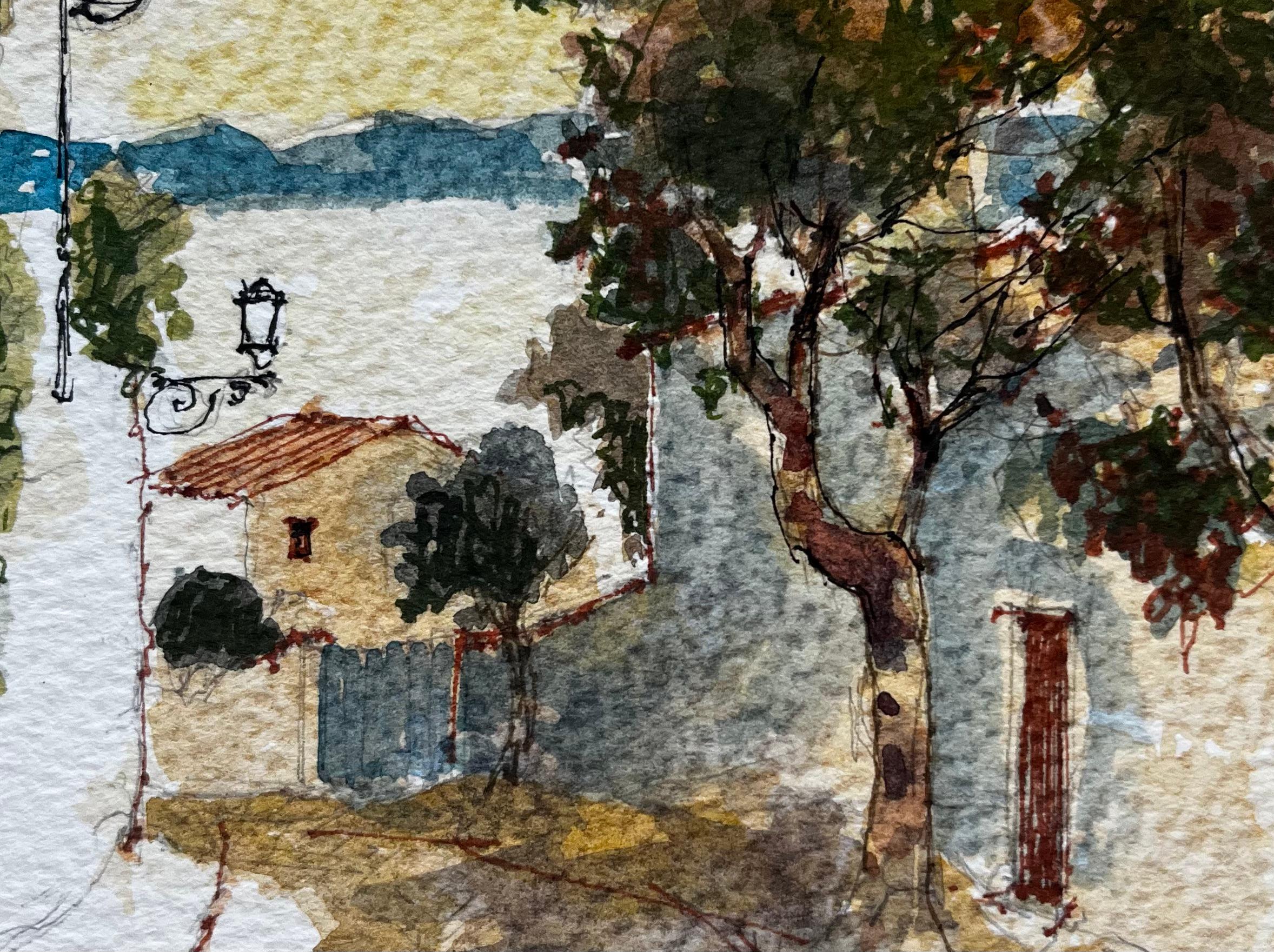 Mentone, strada illuminata dal sole con alberi e colline lontane, acquerello in vendita 2