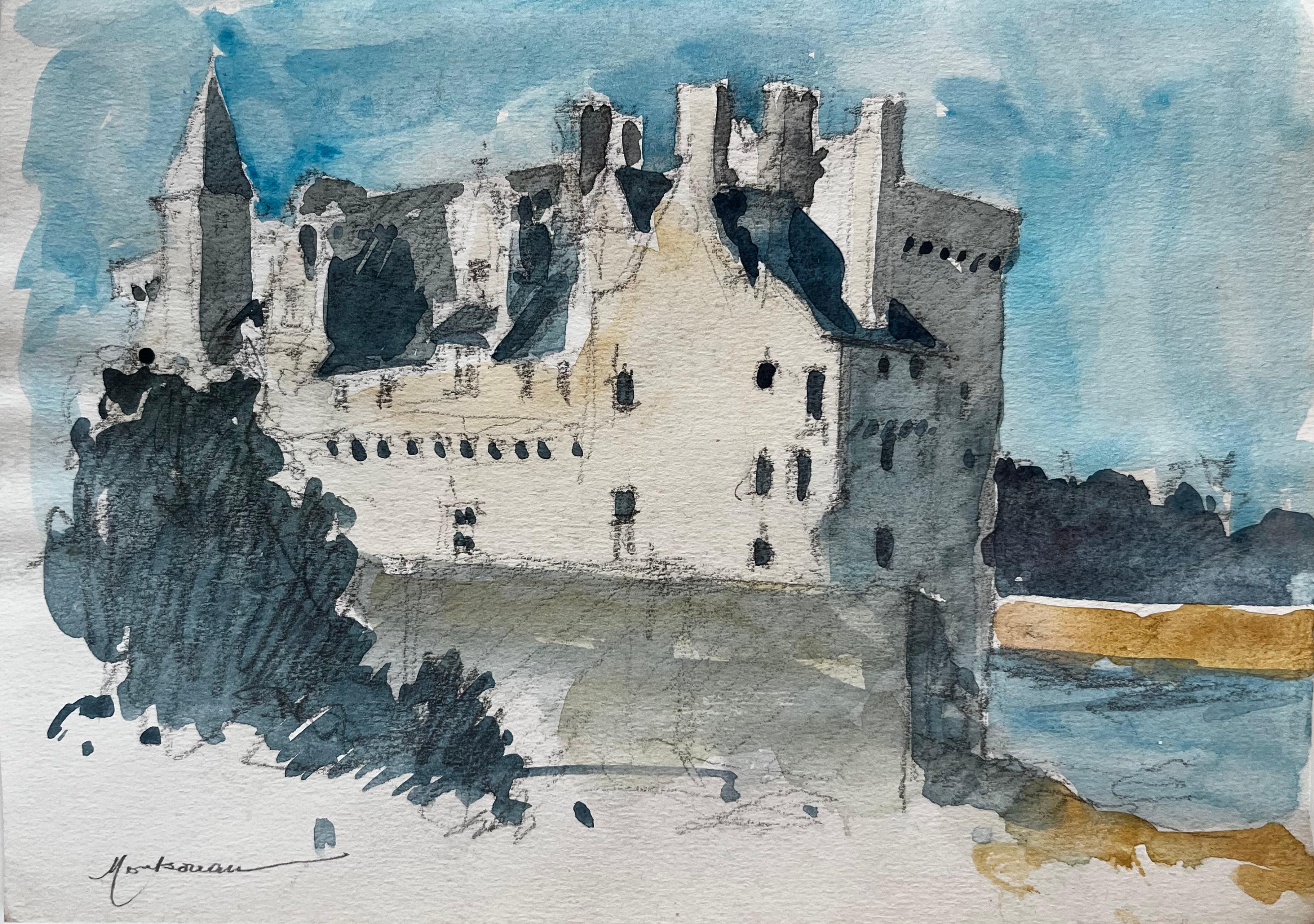 Château de Montsoreau Vallée de la Loire Château français Aquarelle Paysage Artwork - Painting de Pierre Neveu