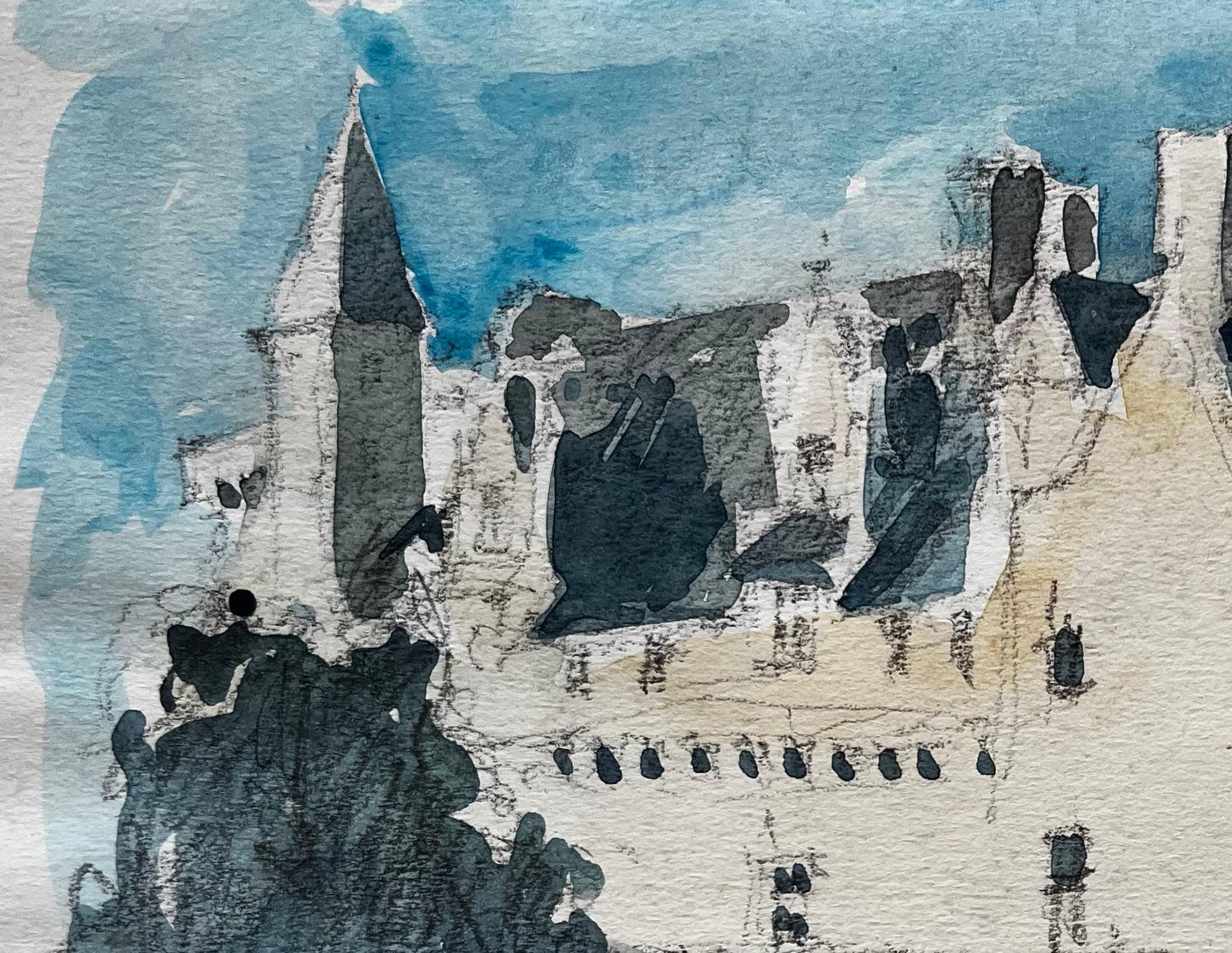 Château de Montsoreau Vallée de la Loire Château français Aquarelle Paysage Artwork - Gris Landscape Painting par Pierre Neveu