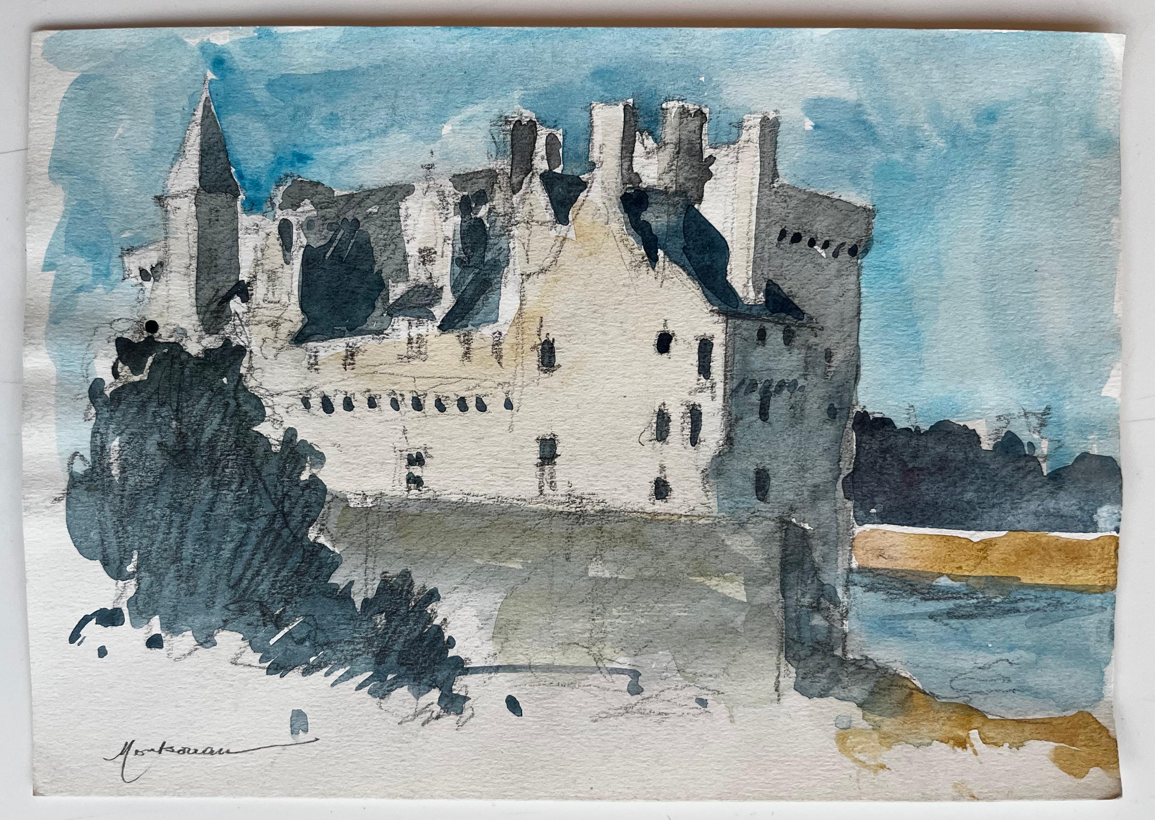 Château de Montsoreau Vallée de la Loire Château français Aquarelle Paysage Artwork - Post-impressionnisme Painting par Pierre Neveu
