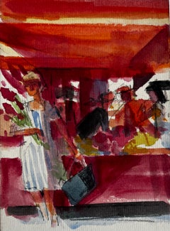 Mercado Europeo Puesto de Flores Mujer con Ramo Vibrante Escena Callejera Acuarela