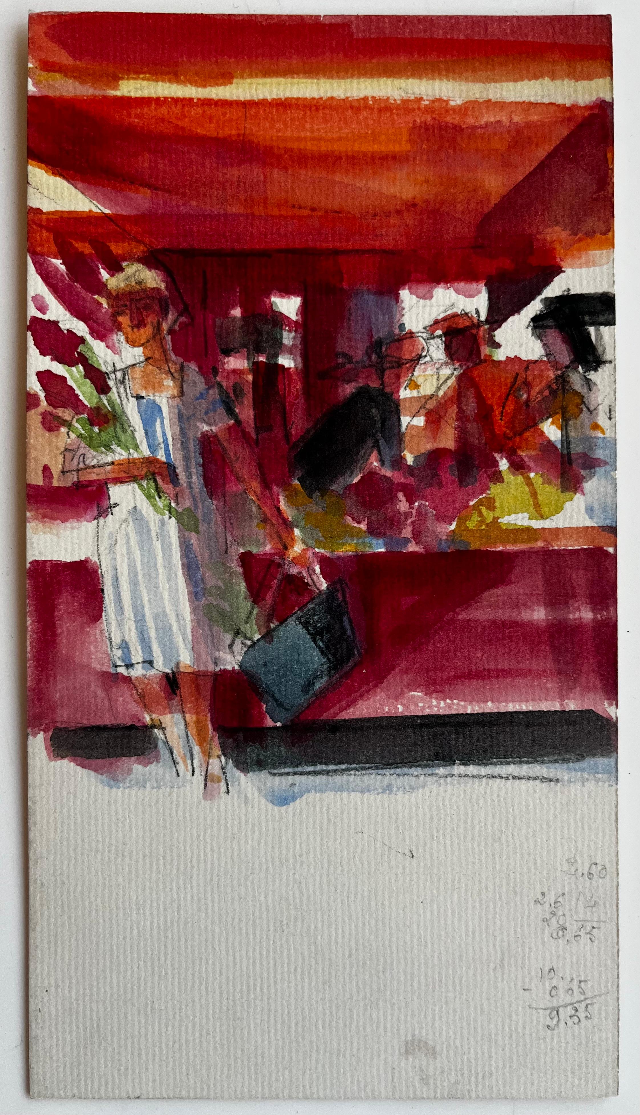 Mercato Europeo Bancarella di Fiori Donna con Bouquet Vibrante Scena di Strada Acquerello - Art di Pierre Neveu