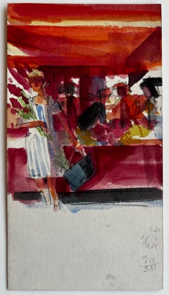 European Market Flower Stall Woman with Bouquet Vibrant Street Scene Watercolor