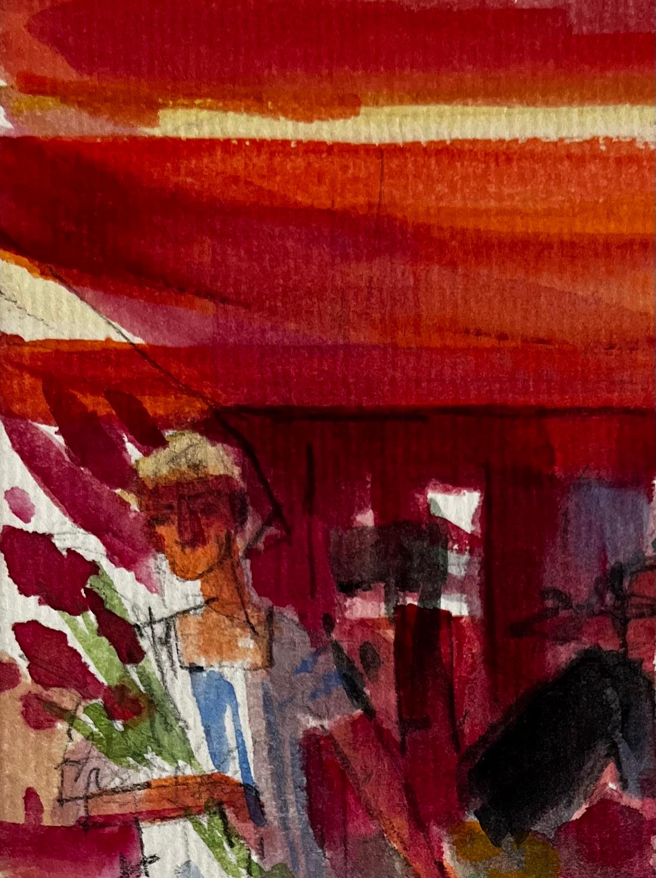 Mercato Europeo Bancarella di Fiori Donna con Bouquet Vibrante Scena di Strada Acquerello - Art Postimpressionismo di Pierre Neveu