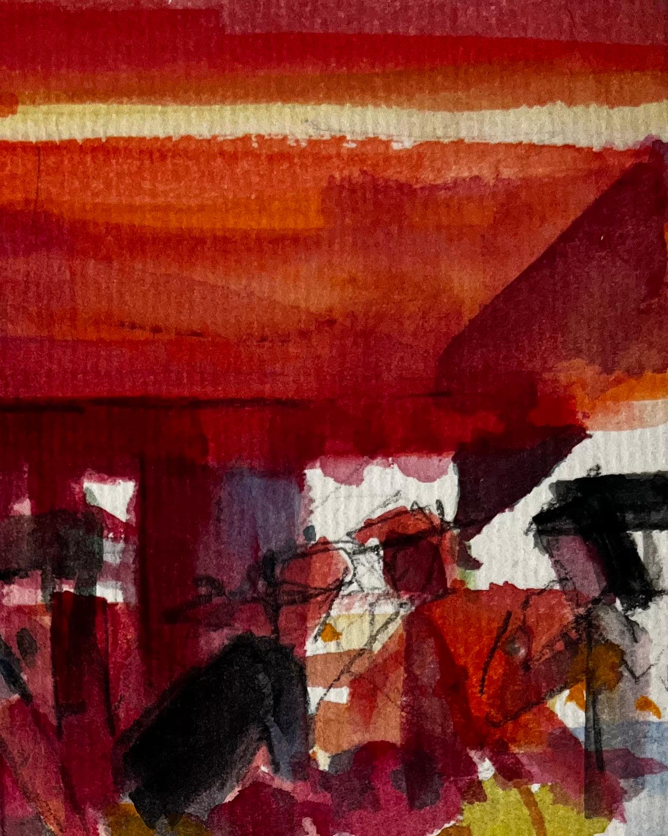 Mercato Europeo Bancarella di Fiori Donna con Bouquet Vibrante Scena di Strada Acquerello - Landscape Art Marrone di Pierre Neveu