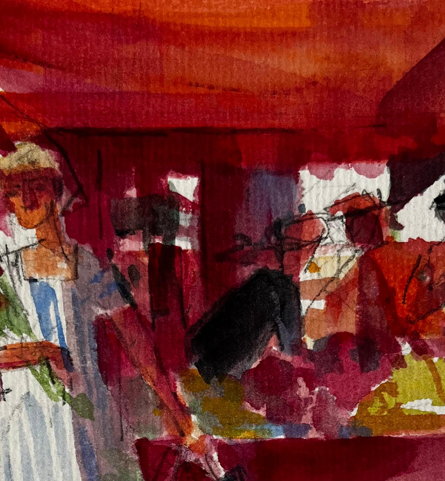 Mercato Europeo Bancarella di Fiori Donna con Bouquet Vibrante Scena di Strada Acquerello in vendita 2