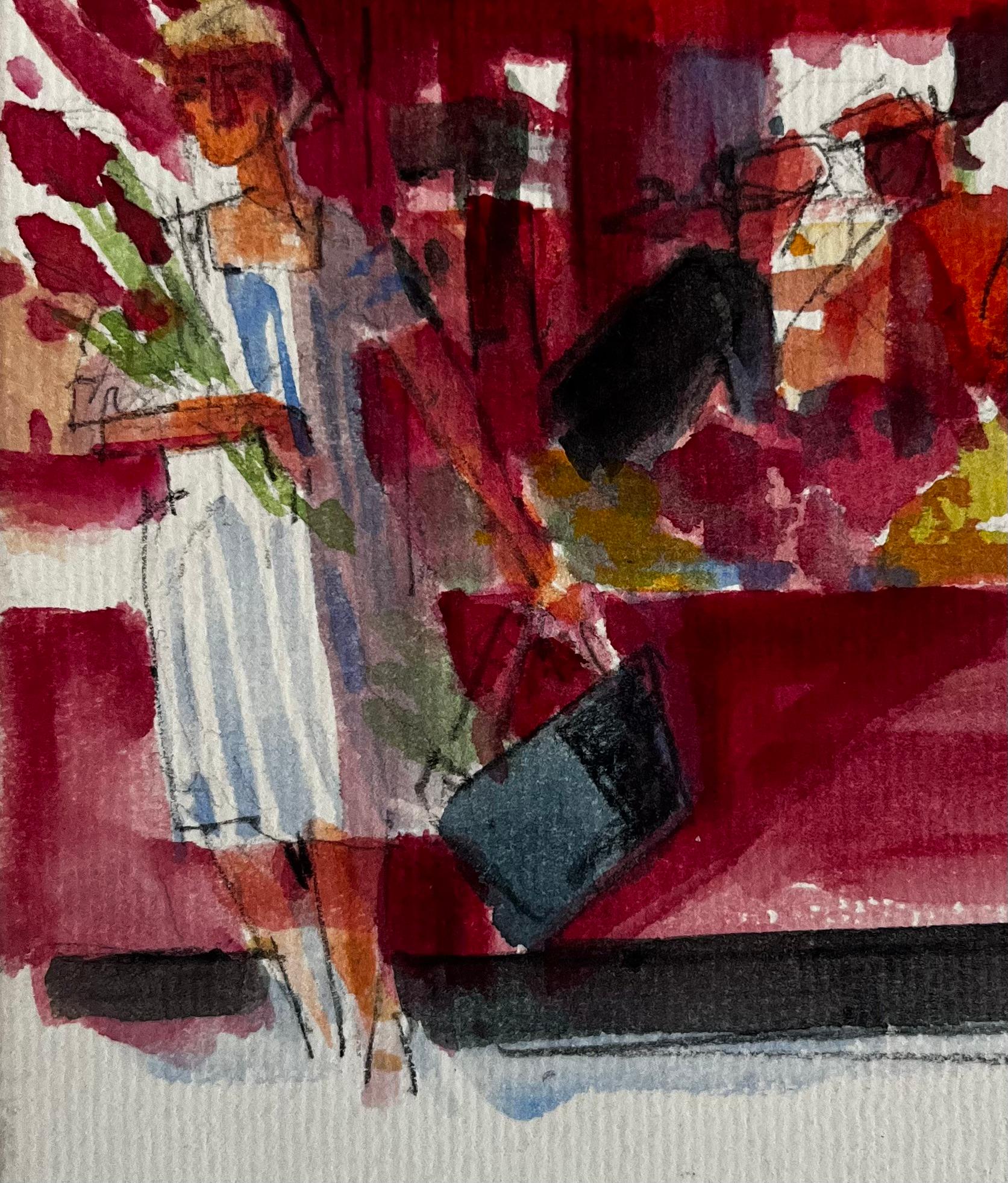 Mercato Europeo Bancarella di Fiori Donna con Bouquet Vibrante Scena di Strada Acquerello in vendita 1