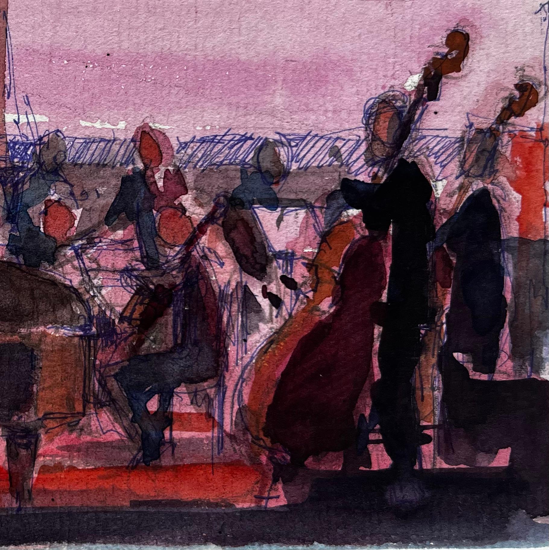 Titre : Pianiste dans la salle de concert avec l'orchestre Scène de performance des musiciens du piano à queue
Artistics : Pierre Neveu (français né en 1929)
Support : Aquarelle sur carte, non encadrée
Taille (H x L) : 4 x 7.75 pouces
Condit : Bon