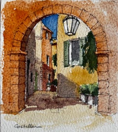 Villaggio mediterraneo Arco di ingresso illuminato dal sole Via Castellar Acquerello