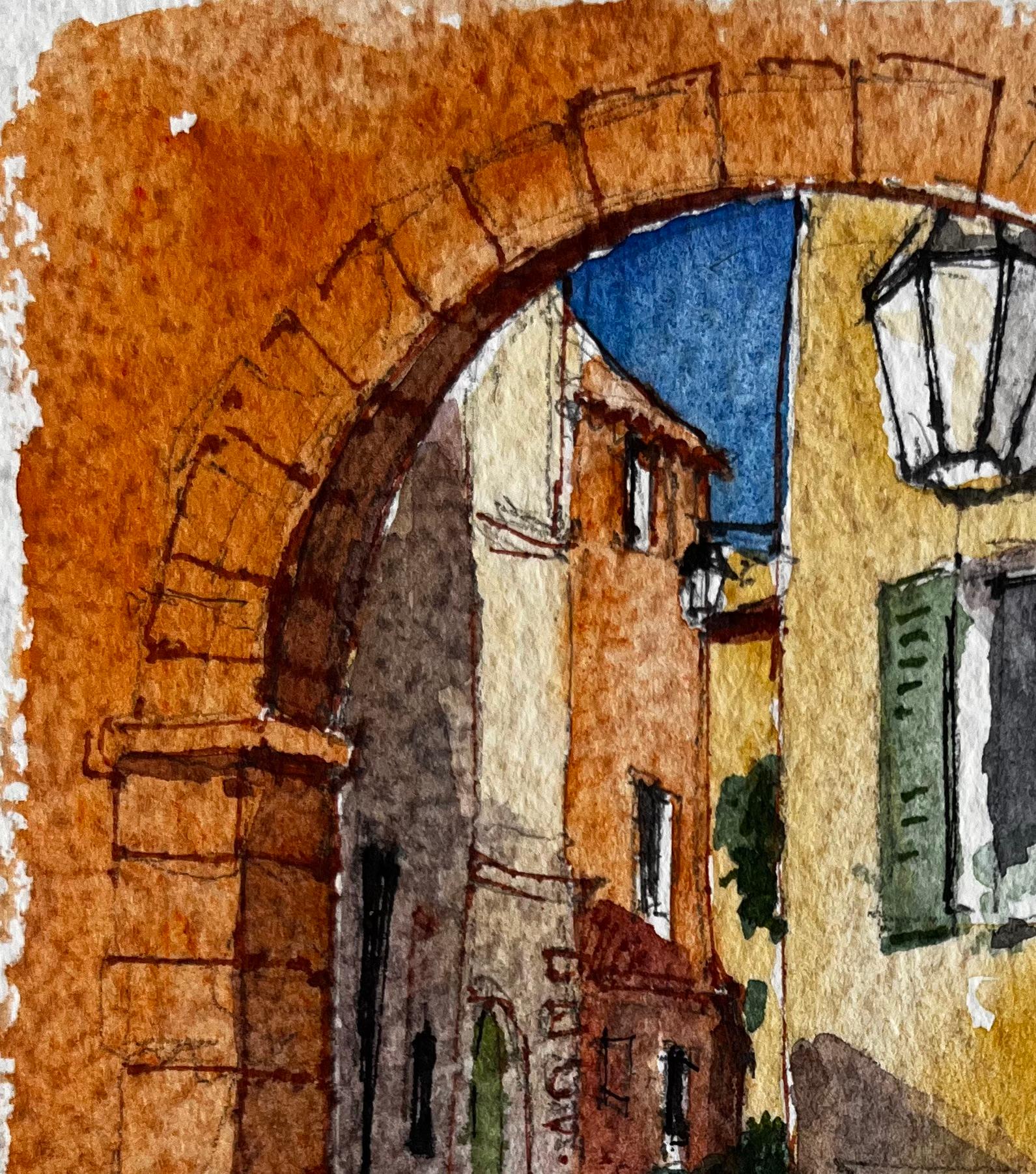 Villaggio mediterraneo Arco di ingresso illuminato dal sole Via Castellar Acquerello - Art Postimpressionismo di Pierre Neveu