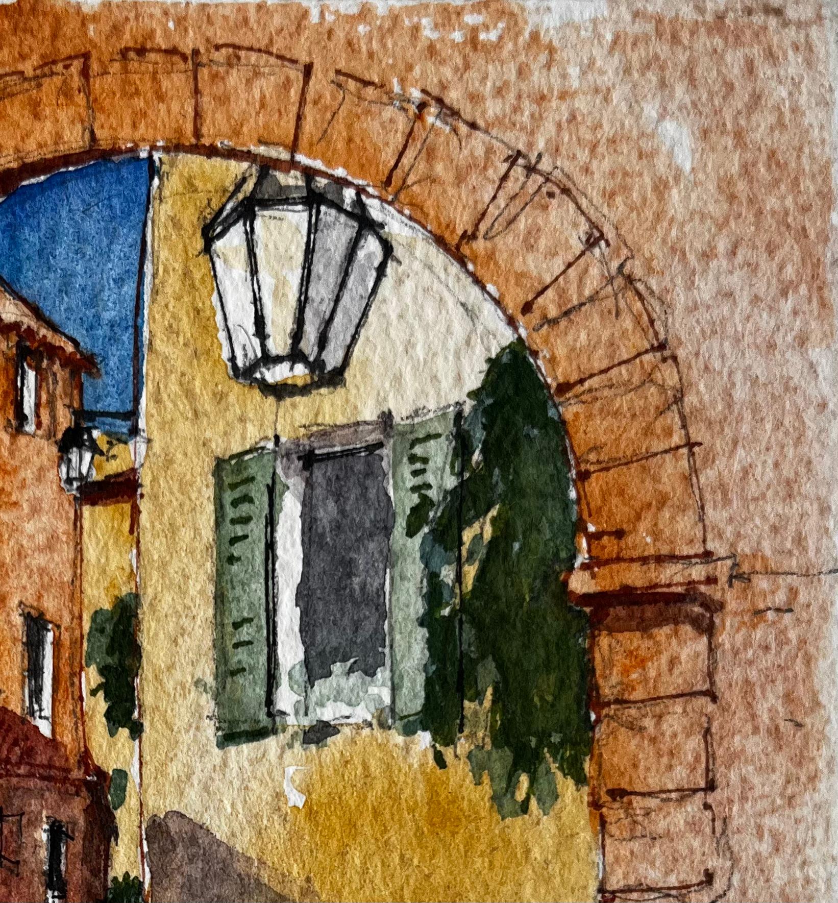 Villaggio mediterraneo Arco di ingresso illuminato dal sole Via Castellar Acquerello - Landscape Art Marrone di Pierre Neveu