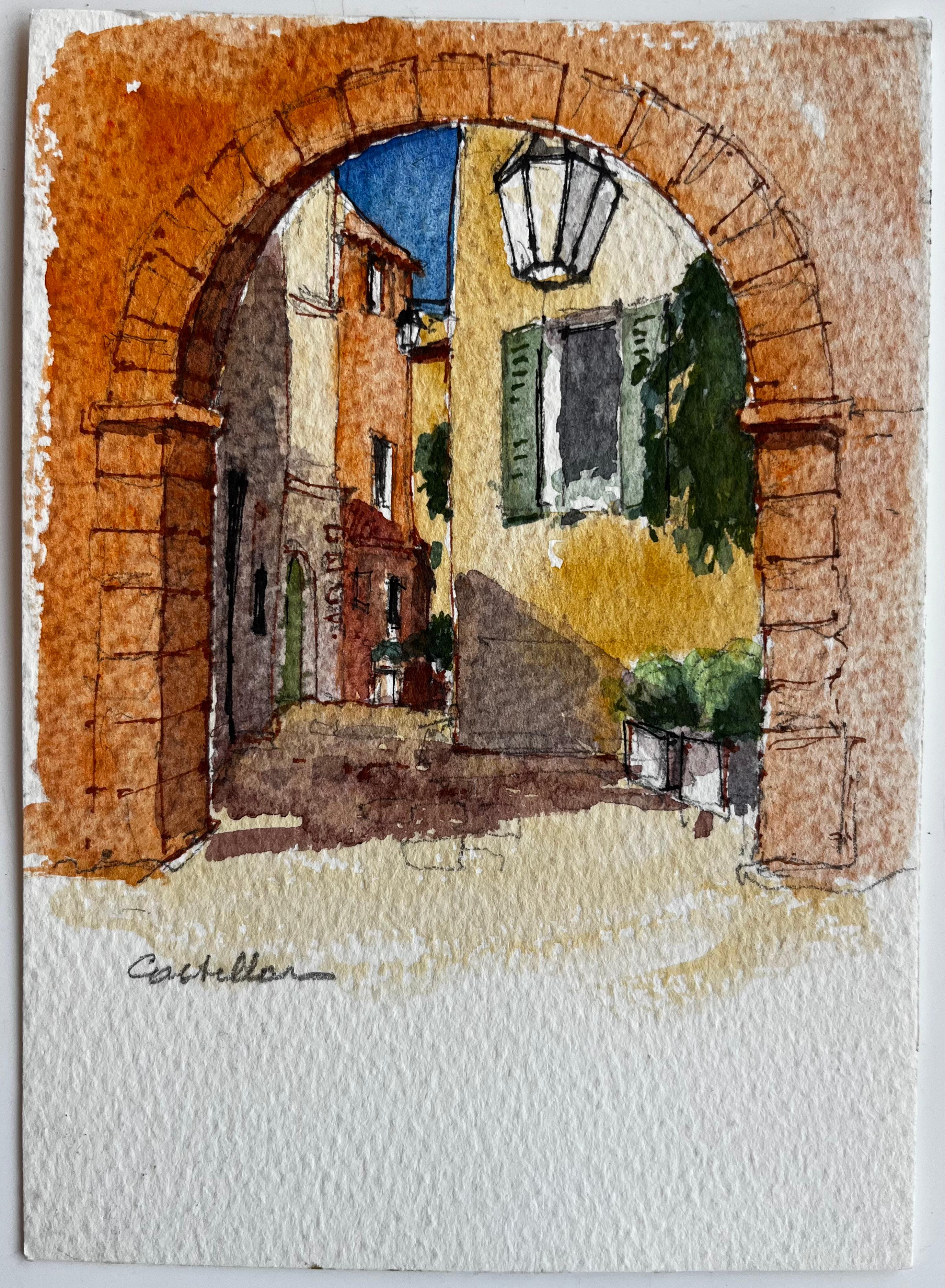 Villaggio mediterraneo Arco di ingresso illuminato dal sole Via Castellar Acquerello - Art di Pierre Neveu