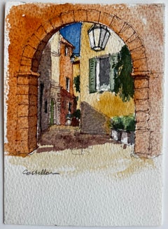 Pueblo Mediterráneo Arco Calle Iluminada por el Sol Acuarela Castellar