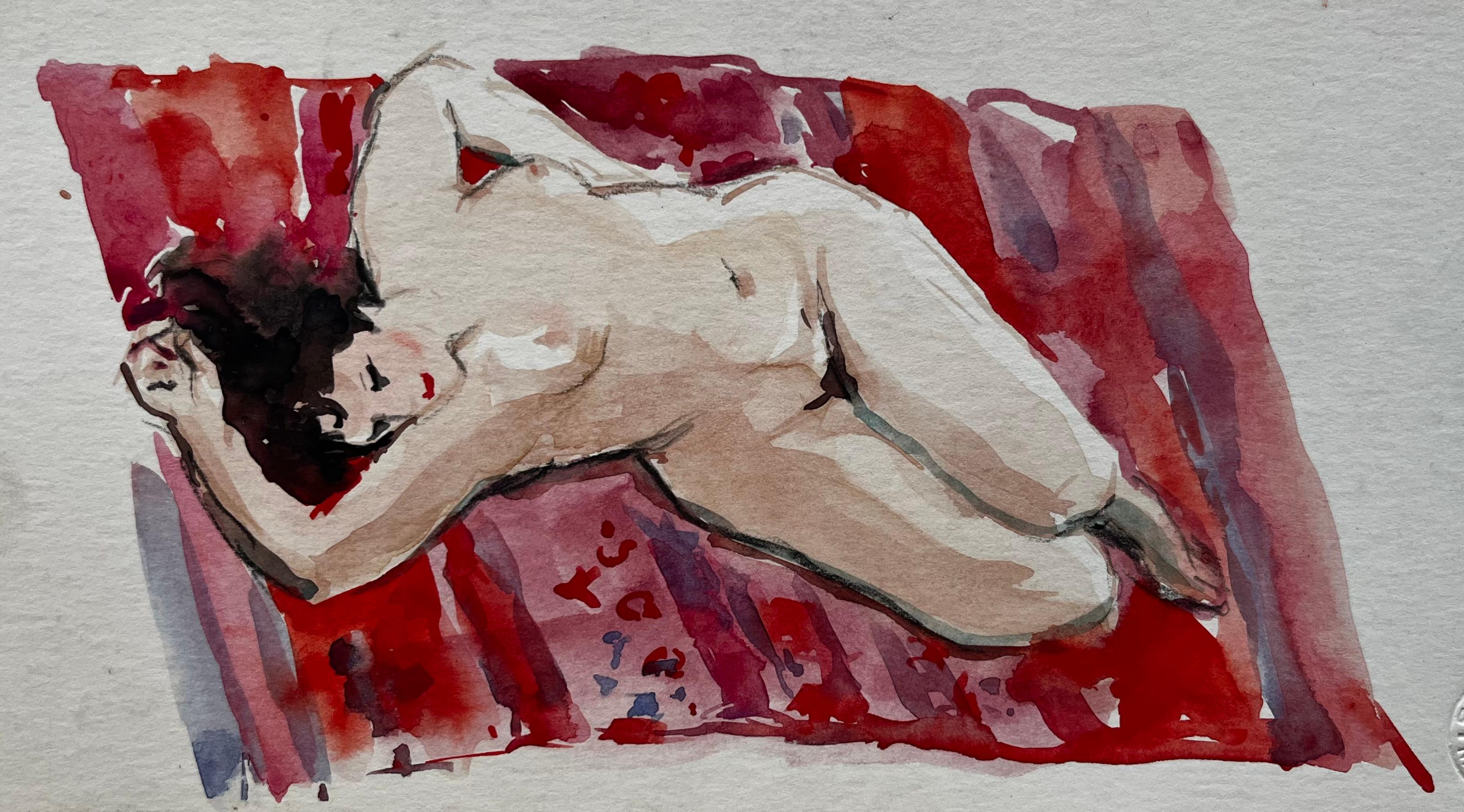 Nude Painting di Pierre Neveu - Nudo femminile reclinato su un drappeggio rosso Studio acquerellato modernista francese