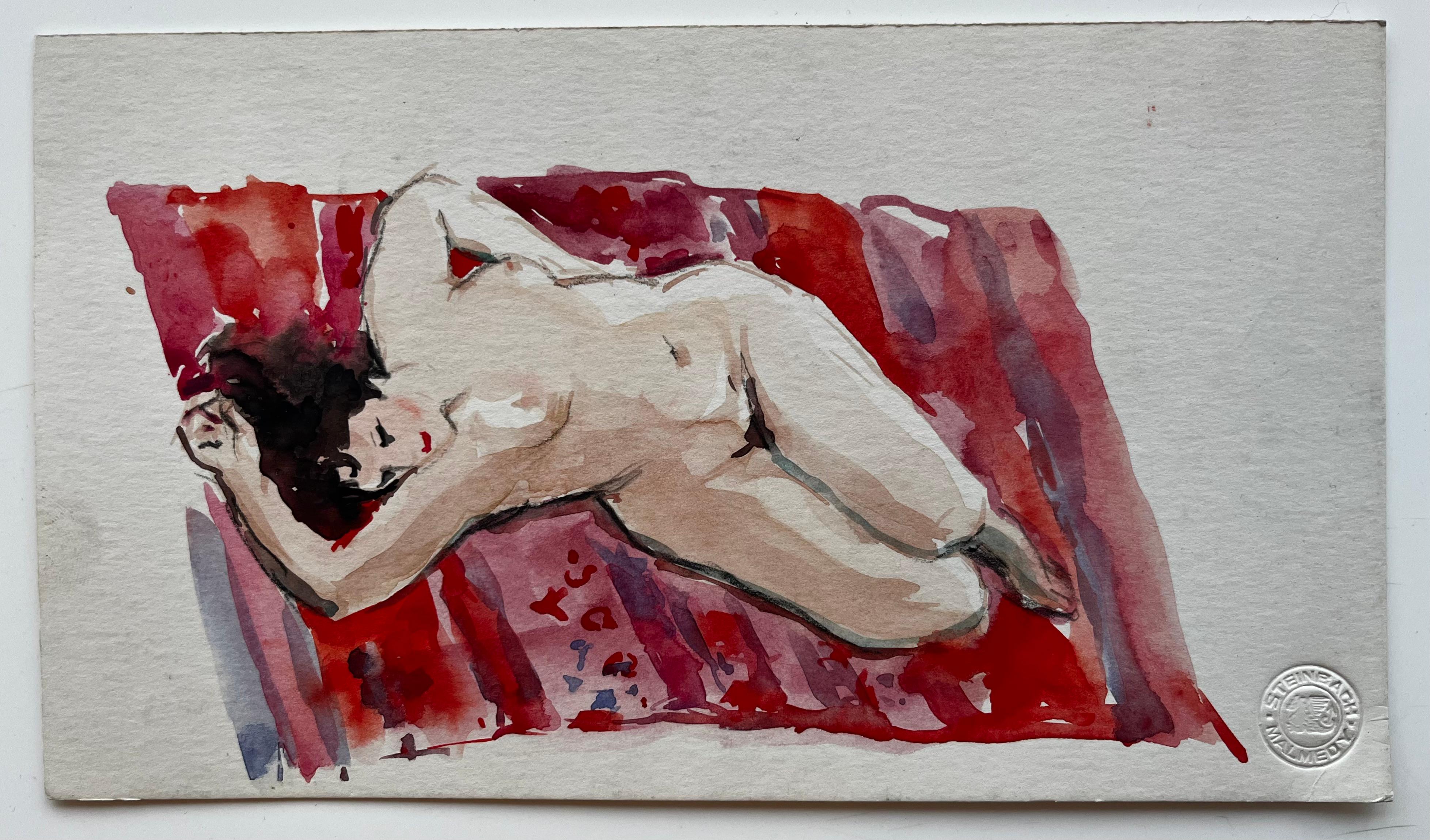 Nudo femminile reclinato su un drappeggio rosso Studio acquerellato modernista francese - Painting di Pierre Neveu