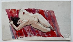 Reclining Female Nude on Red Drapery French Modernist Watercolor Study