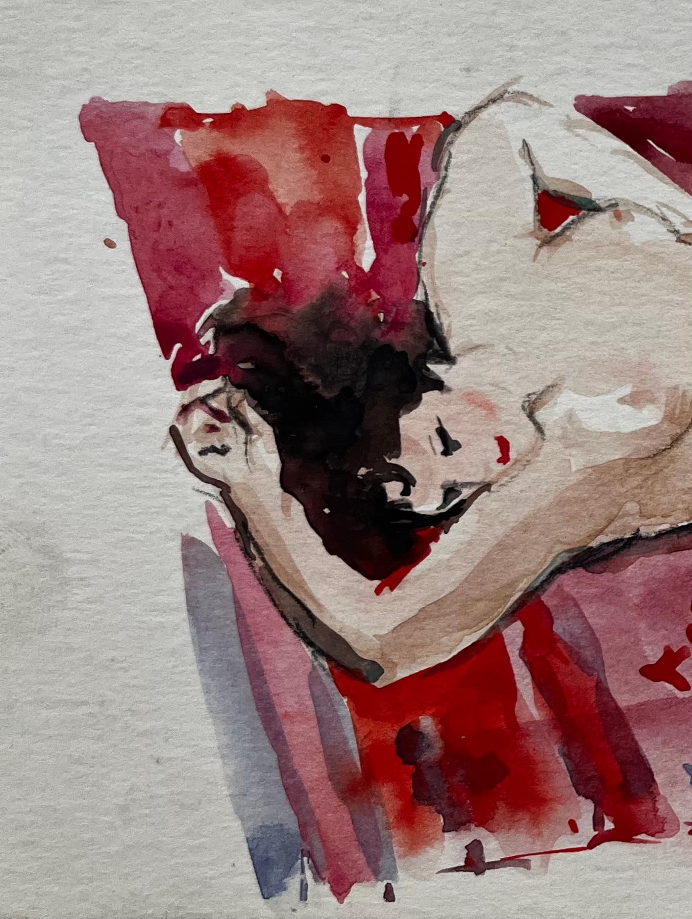 Nudo femminile reclinato su un drappeggio rosso Studio acquerellato modernista francese - Painting Postimpressionismo di Pierre Neveu
