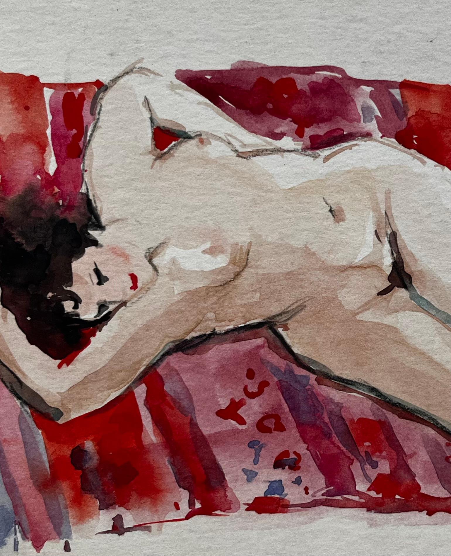 Nudo femminile reclinato su un drappeggio rosso Studio acquerellato modernista francese - Nude Painting Grigio di Pierre Neveu