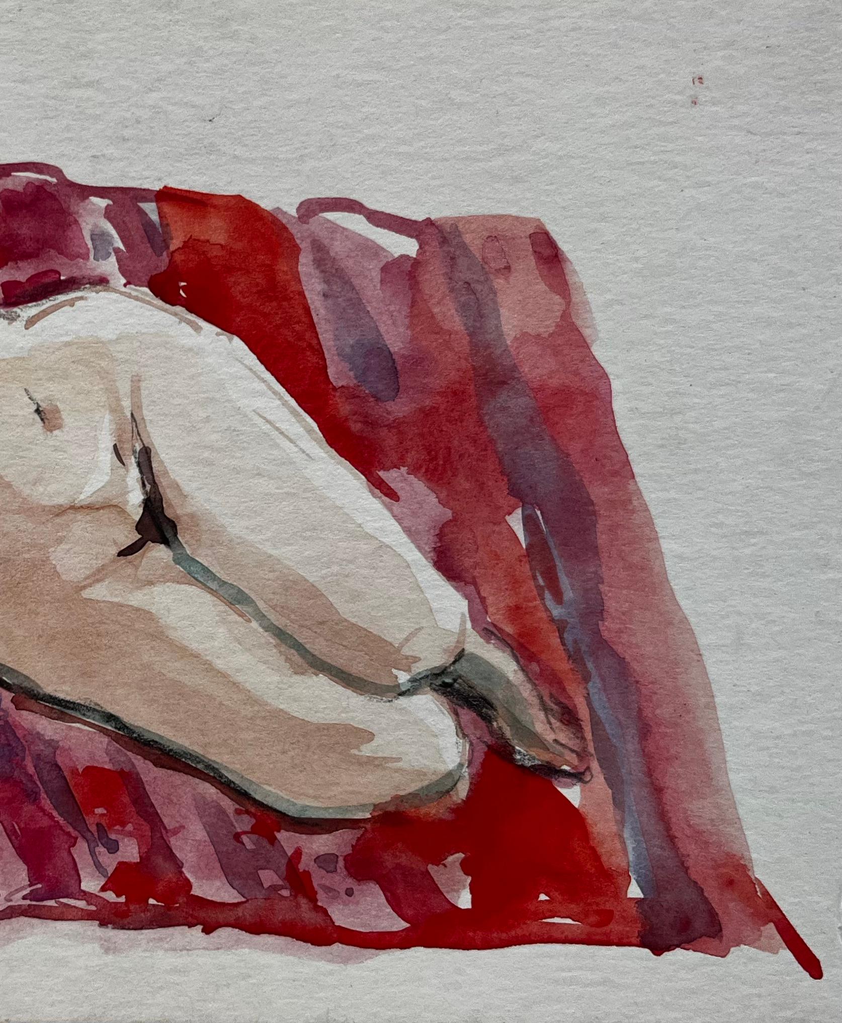 Titolo: Nudo femminile reclinato su drappeggio rosso Studio acquerellato modernista francese
Artista: Pierre Neveu (francese, nato nel 1929)
Medium: Acquerello su carta da artisti, senza cornice
Dimensioni (H. x L): 5,5 x 9,5 pollici
Timbro