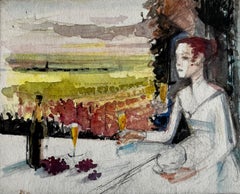 Woman with Wine at Sunset French Modernist Watercolor Figure and Landscape