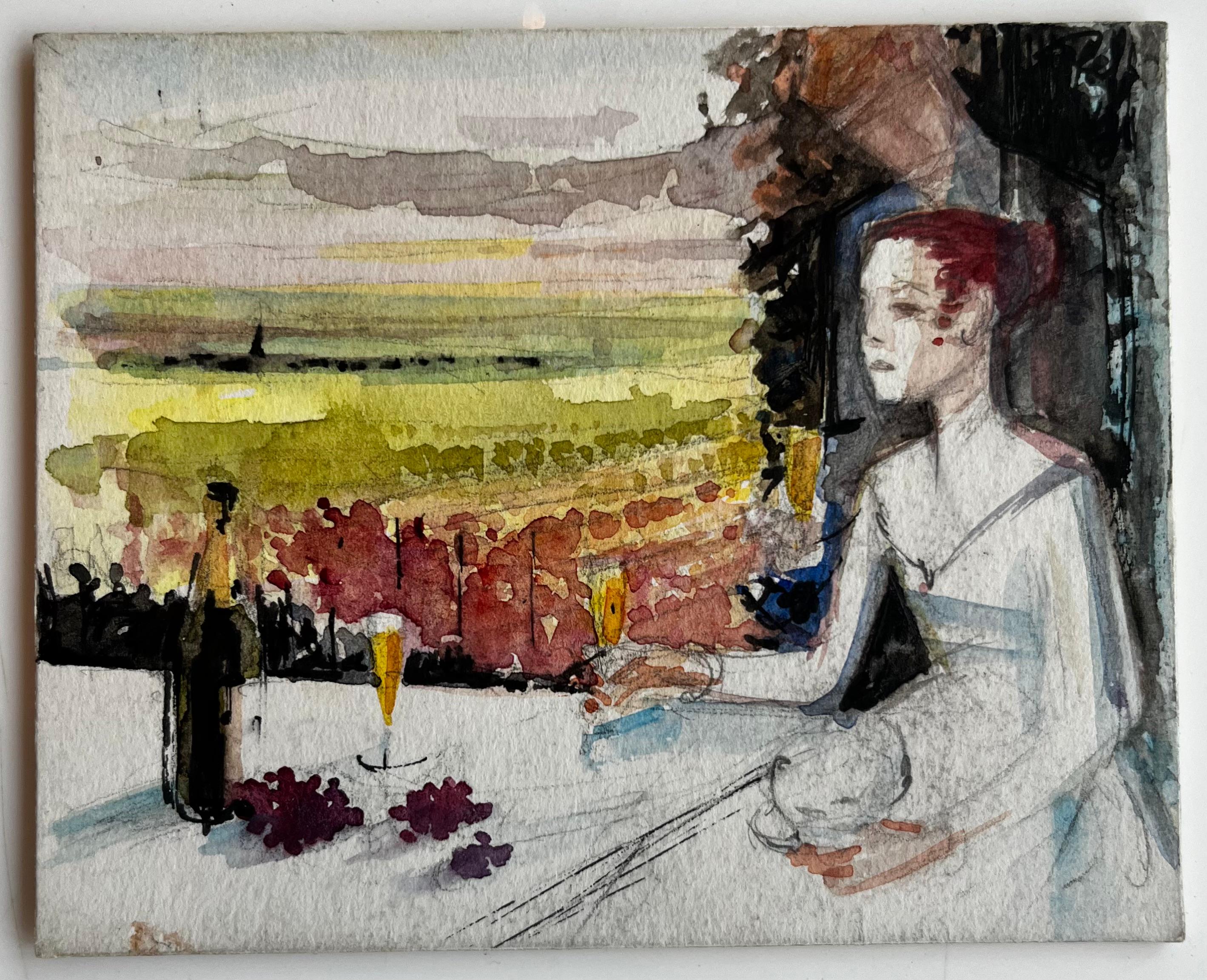 Donna con vino al tramonto Acquerello francese modernista con figura e paesaggio - Art di Pierre Neveu