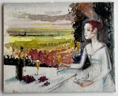 Woman with Wine at Sunset French Modernist Watercolor Figure and Landscape