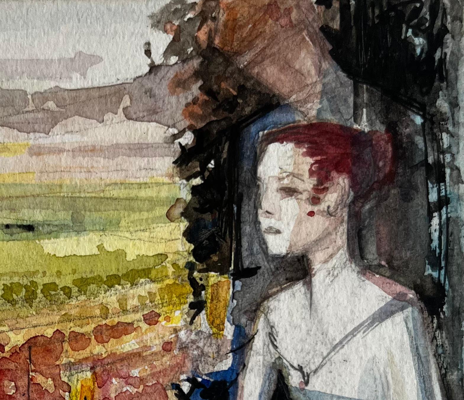 Donna con vino al tramonto Acquerello francese modernista con figura e paesaggio - Art Postimpressionismo di Pierre Neveu