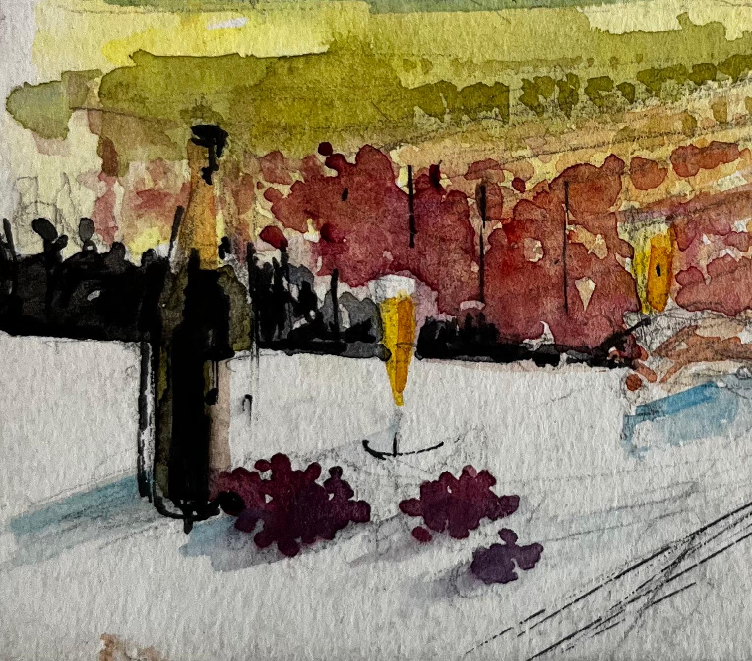 Titolo: Donna con vino al tramonto Acquerello francese modernista con figura e paesaggio
Artista: Pierre Neveu (francese, nato nel 1929)
Medium: Acquerello su cartoncino, senza cornice
Dimensioni (H. x L): 4 x 4,75 pollici
Condit: Complessivamente