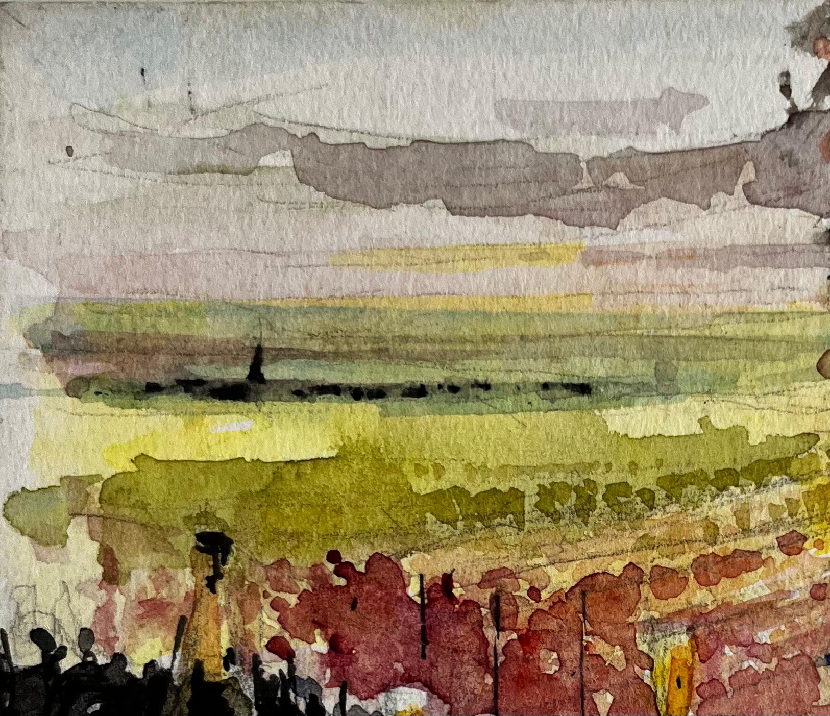 Donna con vino al tramonto Acquerello francese modernista con figura e paesaggio in vendita 1