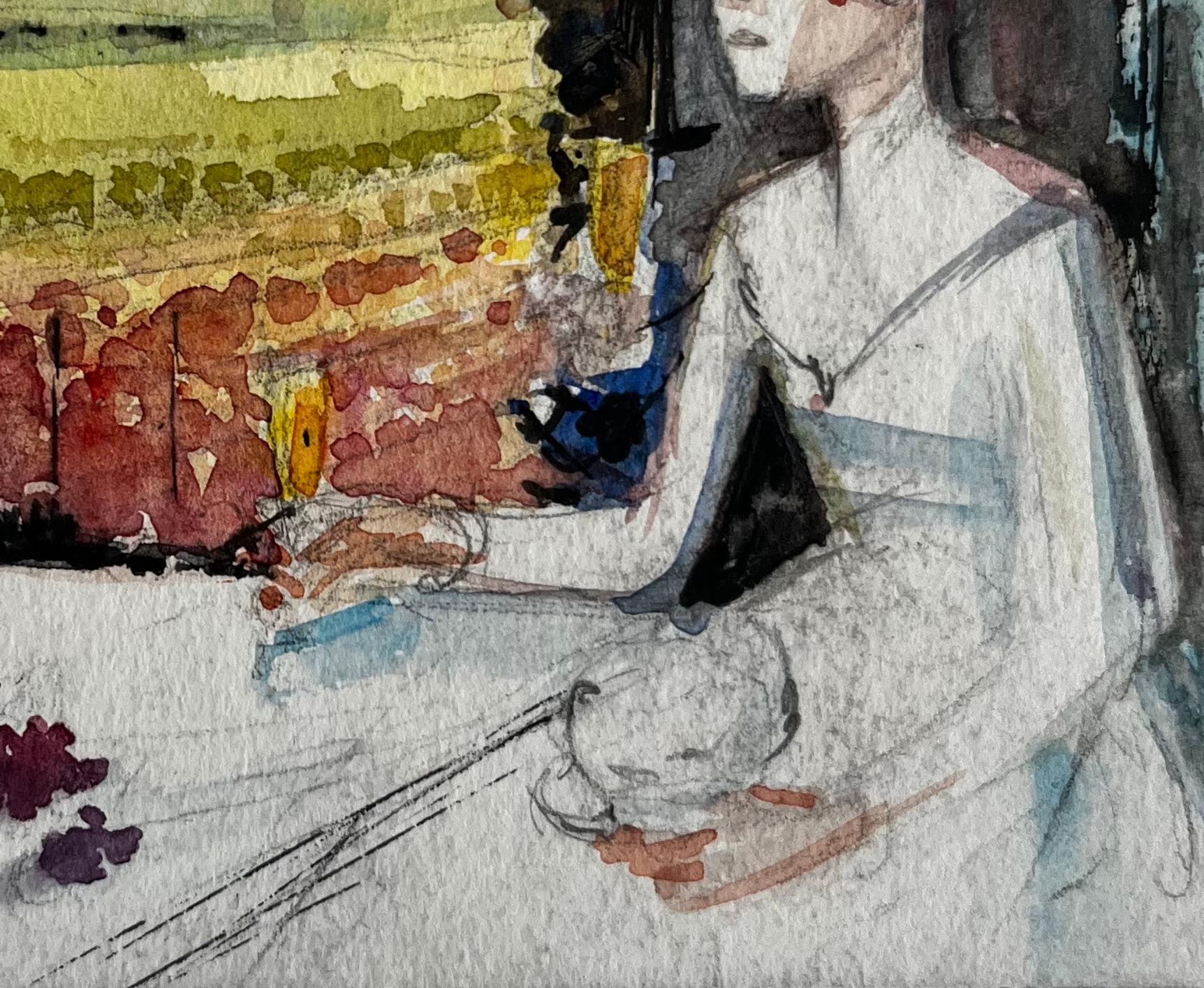 Donna con vino al tramonto Acquerello francese modernista con figura e paesaggio - Landscape Art Marrone di Pierre Neveu